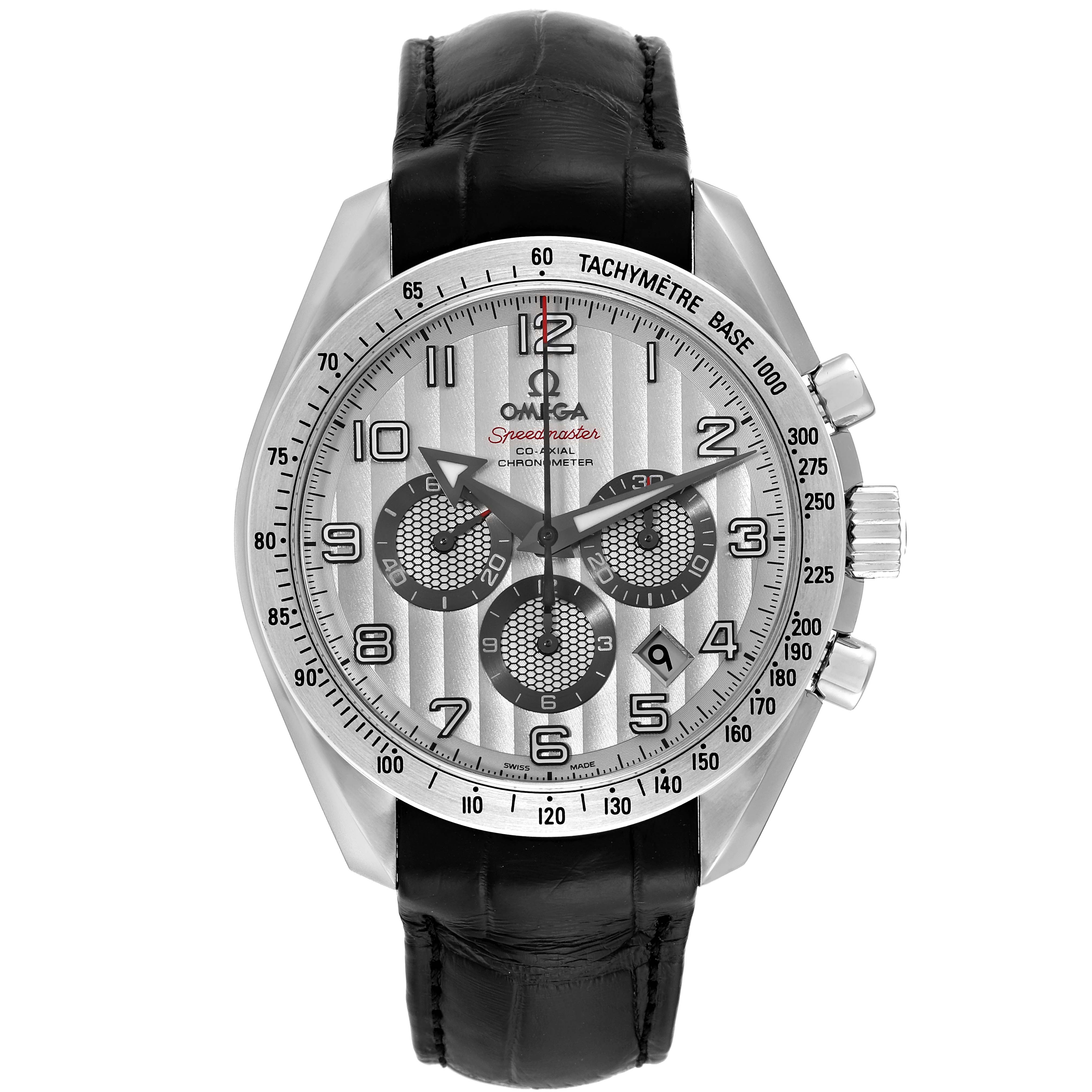 The image shows a frontal view of the Omega Speedmaster 321.13.44.50.02.001 Men's Stainless Steel Red Dial 321.13.44.50.02.001 Men's Stainless Steel Red Dial watch, featuring its face, bezel, and leather strap.