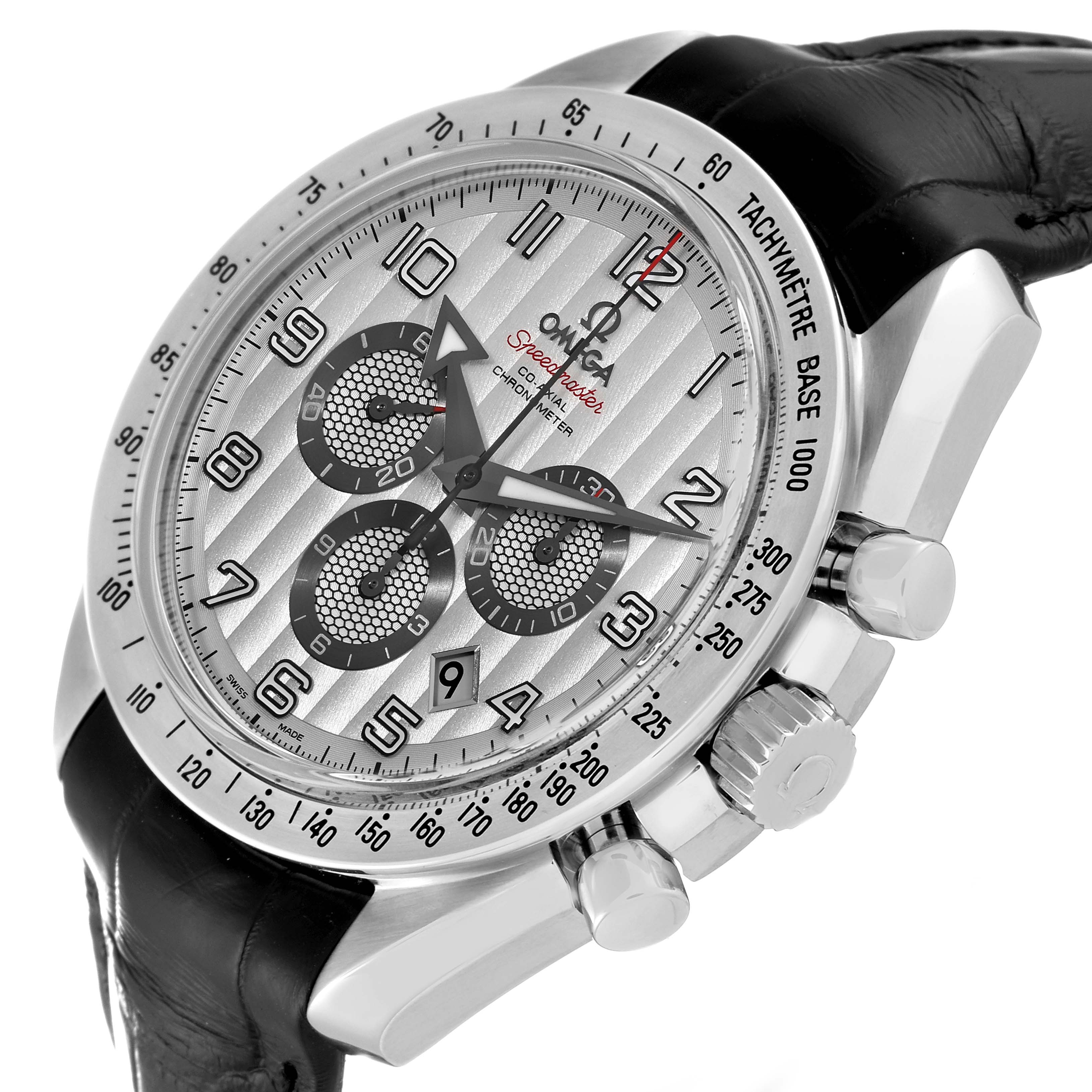 The Omega Speedmaster 321.13.44.50.02.001 Men's Stainless Steel Red Dial 321.13.44.50.02.001 Men's Stainless Steel Red Dial watch is shown at an angled close-up view, highlighting the dial, chronograph subdials, tachymeter bezel, and side buttons.