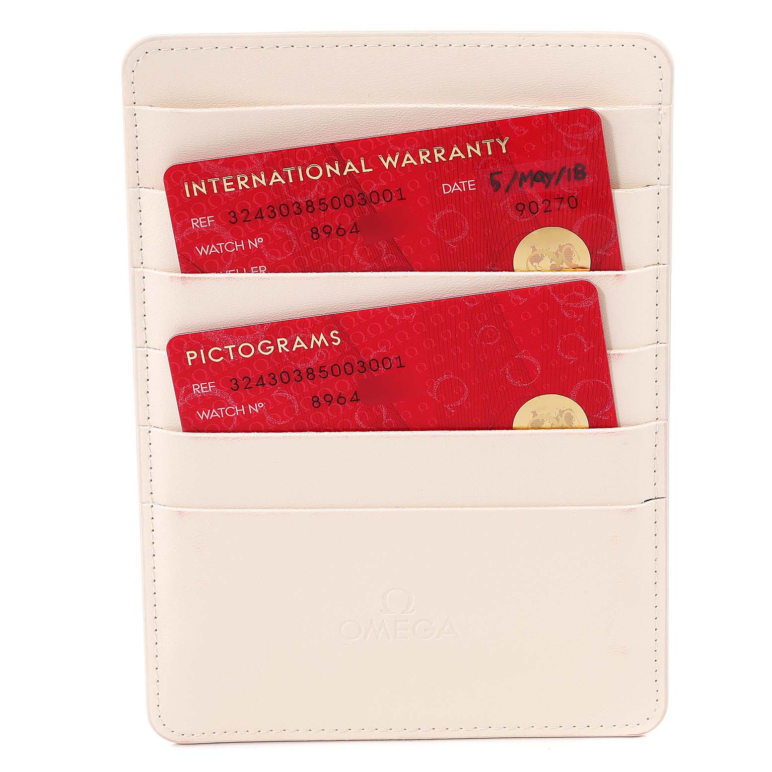 The image shows an Omega Speedmaster 324.30.38.50.03.001 Men
s Stainless Steel Blue Dial 324.30.38.50.03.001 Men
s Stainless Steel Blue Dial leather card holder with International Warranty and Pictograms cards.