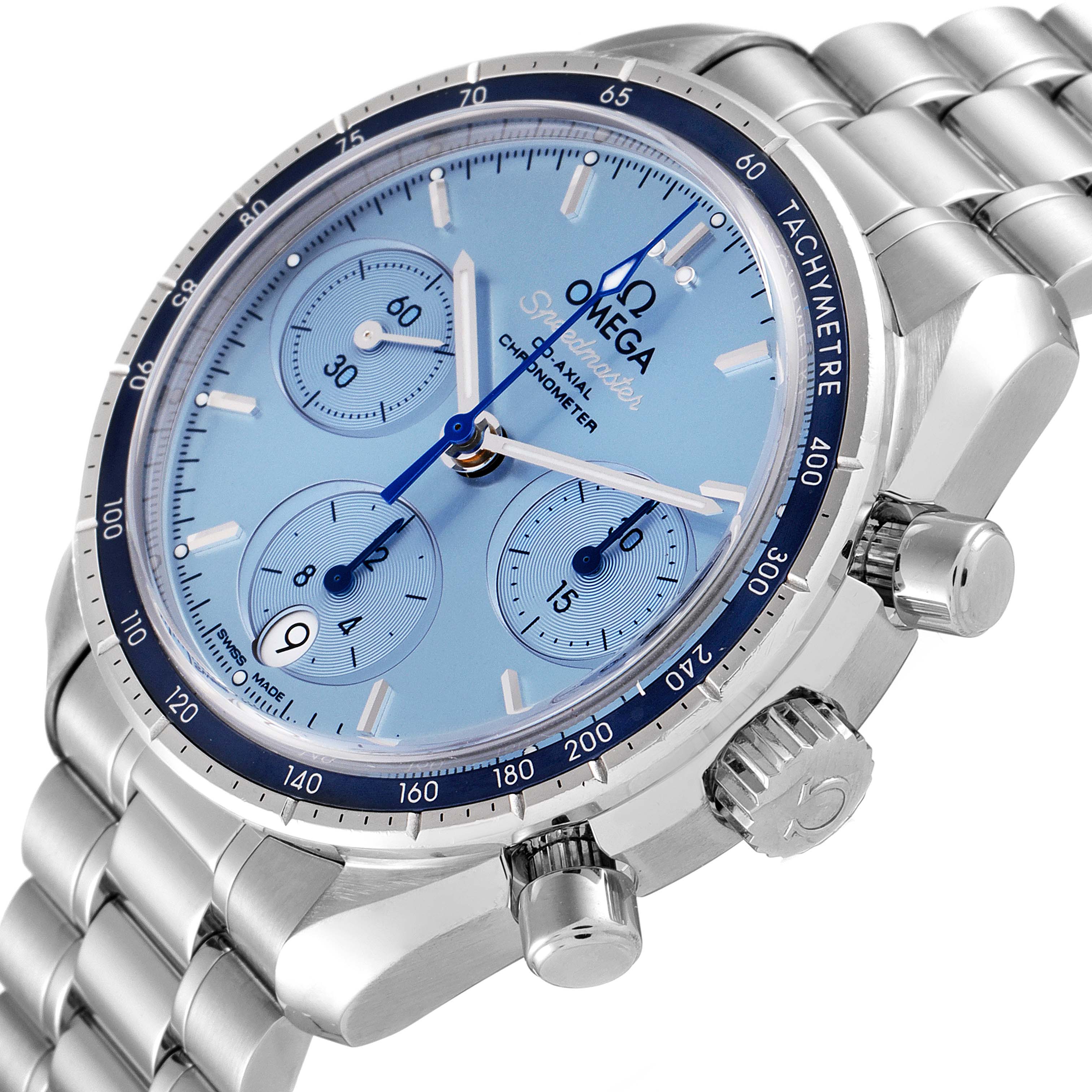 The Omega Speedmaster 324.30.38.50.03.001 Men
s Stainless Steel Blue Dial 324.30.38.50.03.001 Men
s Stainless Steel Blue Dial watch is shown at a slight angle, highlighting the crown, pushers, and bracelet.