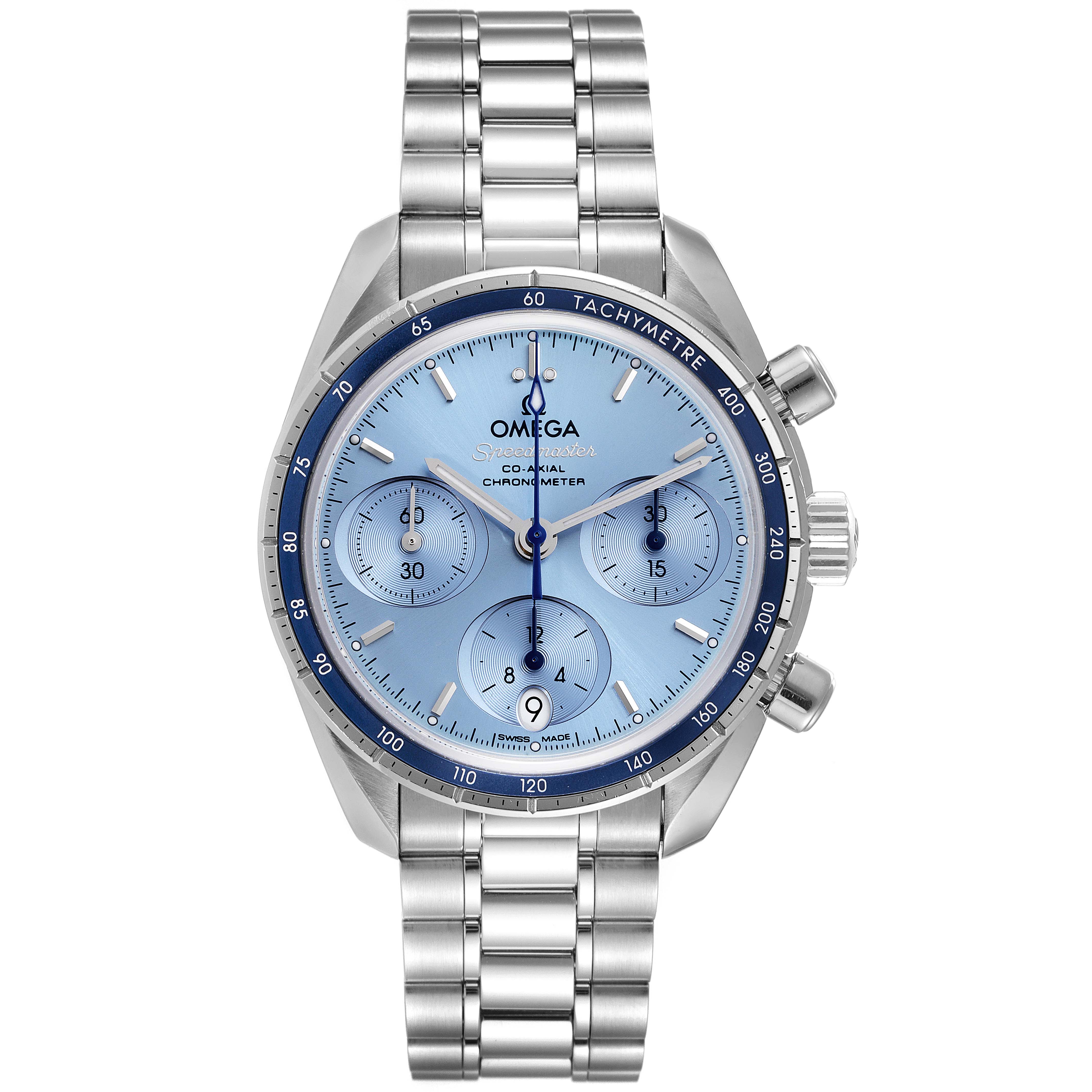 The image shows a front view of an Omega Speedmaster 324.30.38.50.03.001 Men
s Stainless Steel Blue Dial 324.30.38.50.03.001 Men
s Stainless Steel Blue Dial watch, displaying the dial, bezel, chronograph subdials, and stainless steel bracelet.
