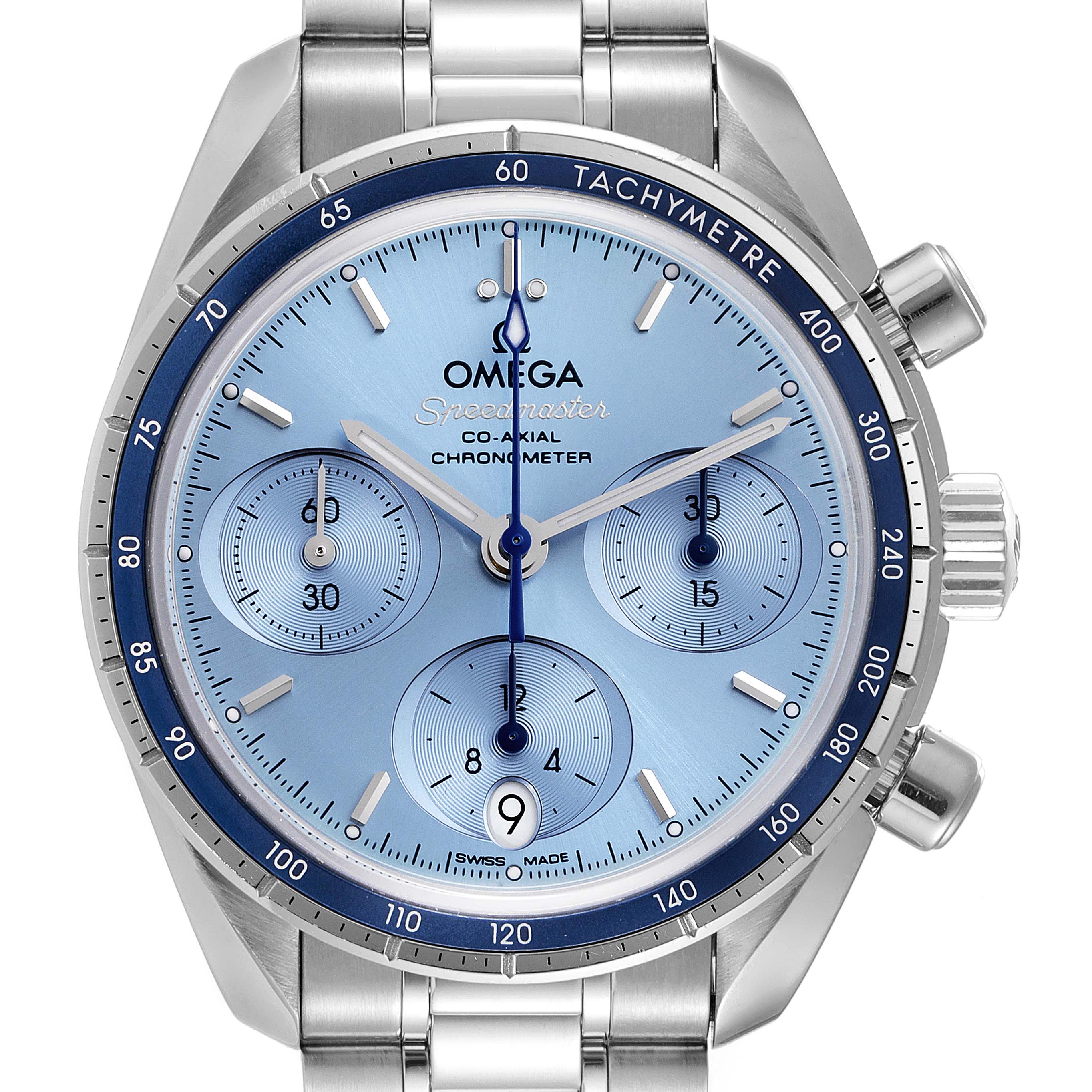 The Omega Speedmaster 324.30.38.50.03.001 Men
s Stainless Steel Blue Dial 324.30.38.50.03.001 Men
s Stainless Steel Blue Dial watch is shown from the front, highlighting its blue dial, chronograph sub-dials, and tachymeter bezel.