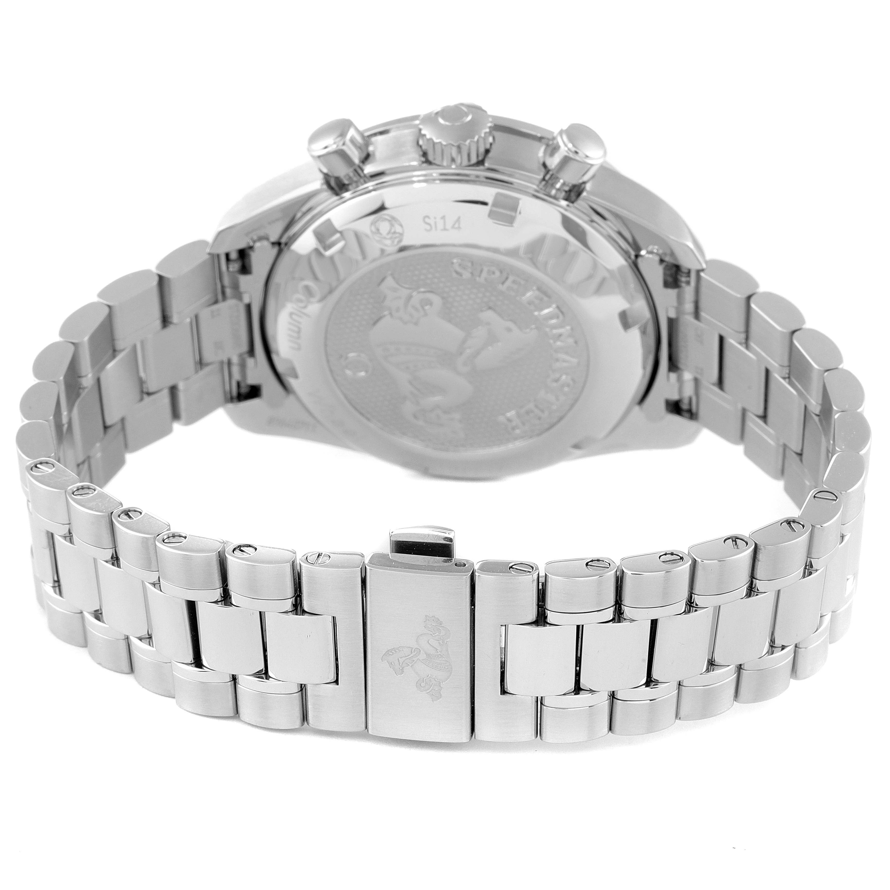 The image shows the back case and bracelet of an Omega Speedmaster 324.30.38.50.03.001 Men
s Stainless Steel Blue Dial 324.30.38.50.03.001 Men
s Stainless Steel Blue Dial watch from a rear angle.