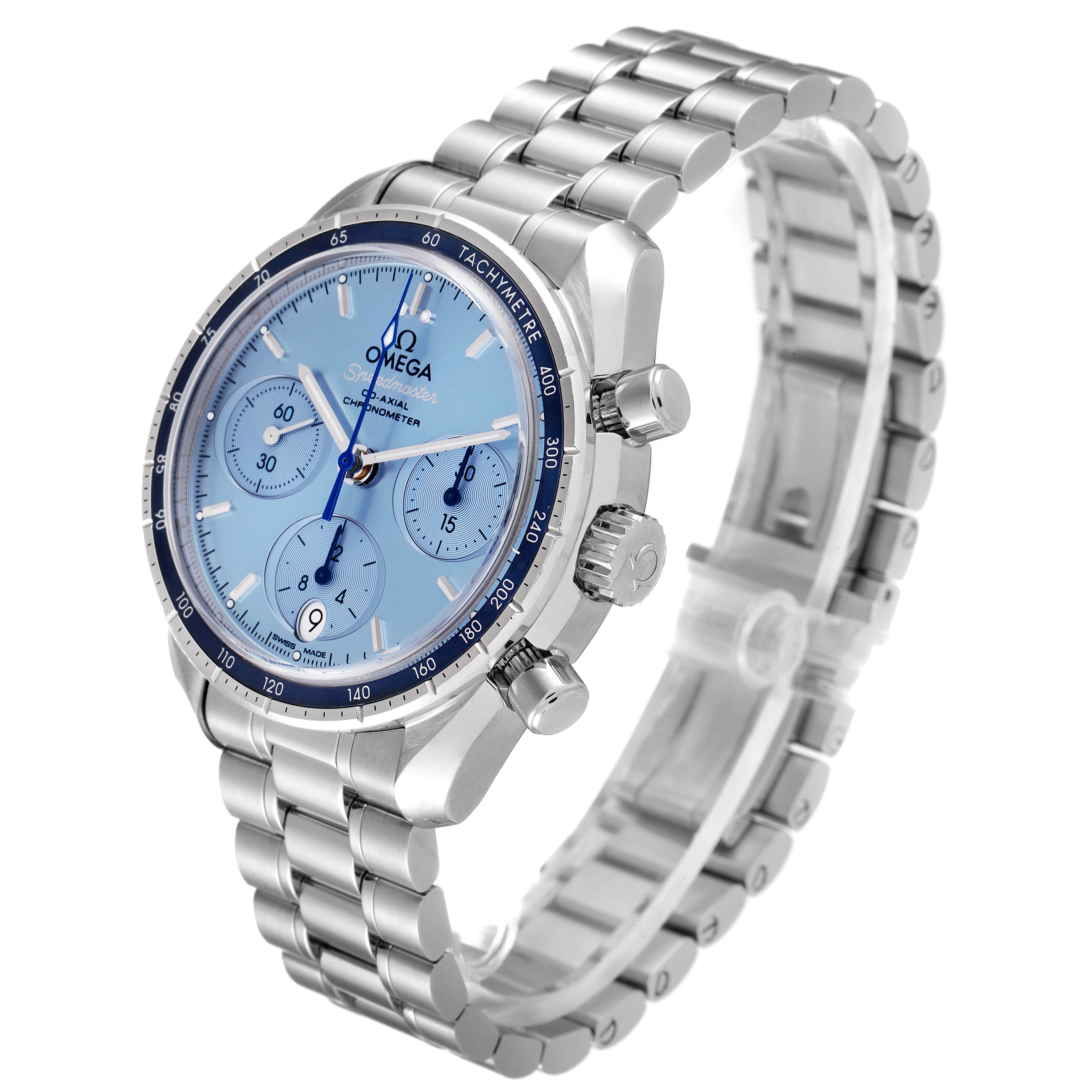 The Omega Speedmaster 324.30.38.50.03.001 Men
s Stainless Steel Blue Dial 324.30.38.50.03.001 Men
s Stainless Steel Blue Dial watch is shown at a three-quarter angle highlighting the face, bezel, crown, pushers, and metal bracelet. 