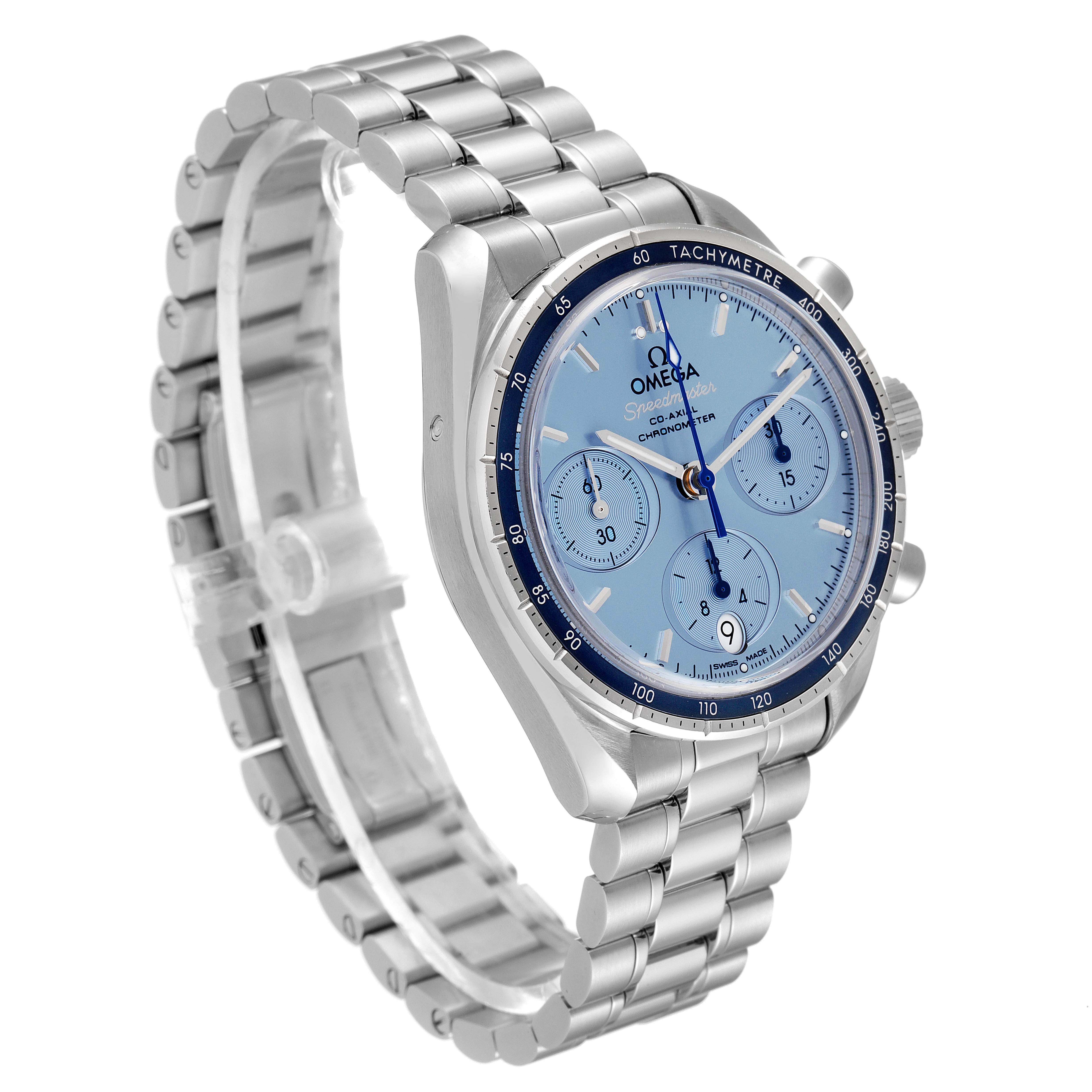 The image shows a side and front angle of the Omega Speedmaster 324.30.38.50.03.001 Men
s Stainless Steel Blue Dial 324.30.38.50.03.001 Men
s Stainless Steel Blue Dial, highlighting its stainless steel bracelet and blue dial.
