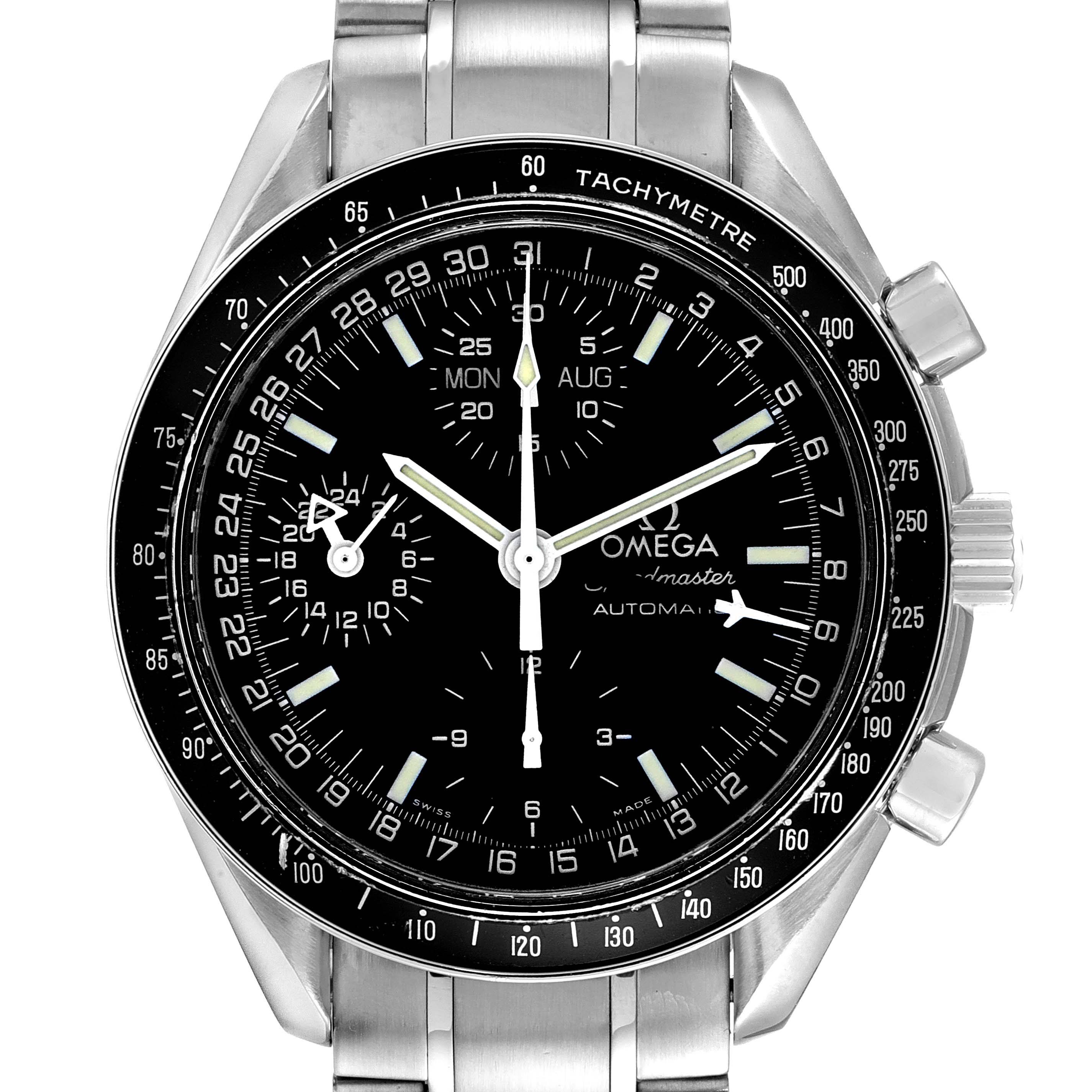 The image shows a front view of the Omega Speedmaster 3520.50.00 Men's Stainless Steel Black Dial 3520.50.00 Men's Stainless Steel Black Dial watch, focusing on the dial and bezel with visible sub-dials and pushers.