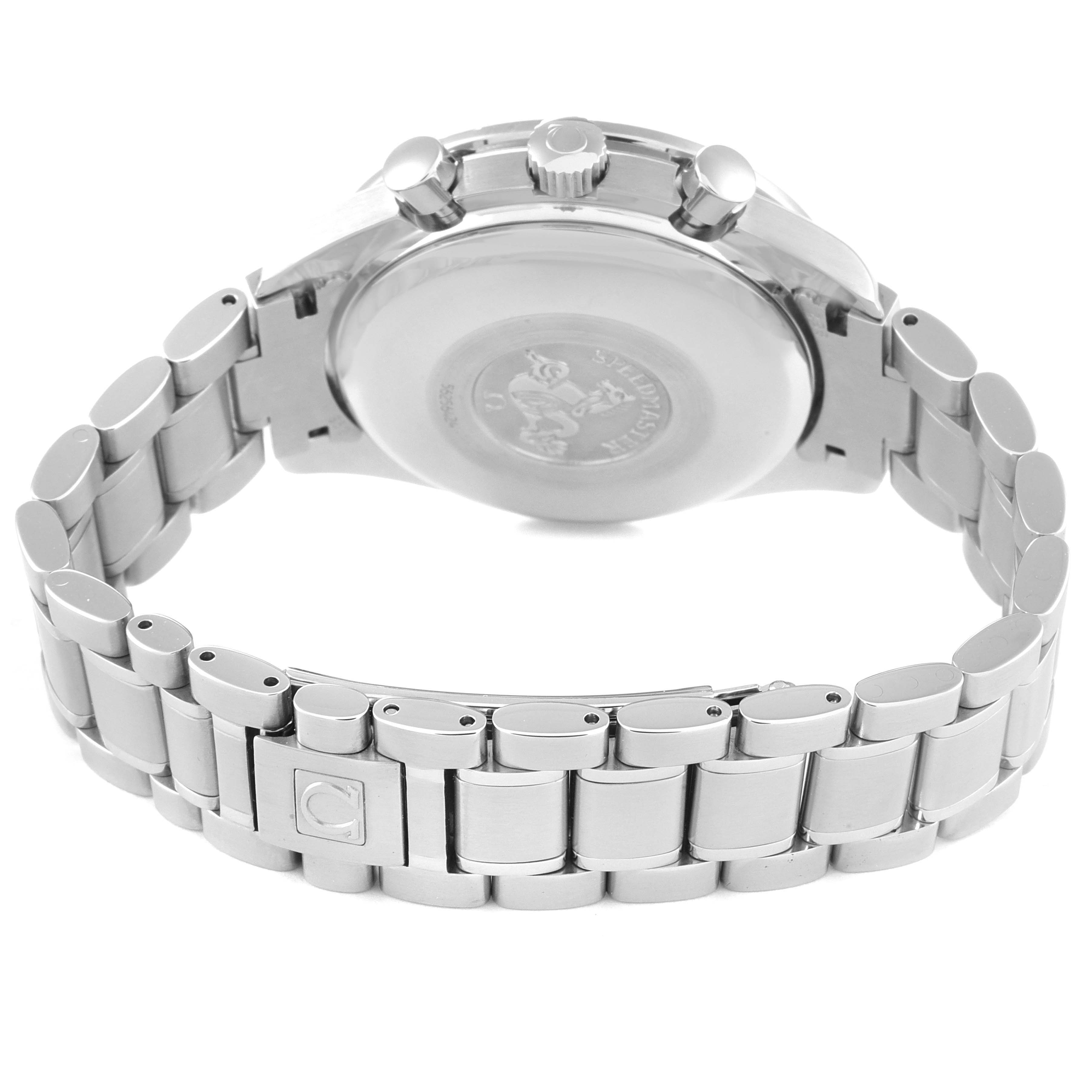 This image shows the back view of the Omega Speedmaster 3520.50.00 Men's Stainless Steel Black Dial 3520.50.00 Men's Stainless Steel Black Dial watch, focusing on the case back, and metal bracelet.