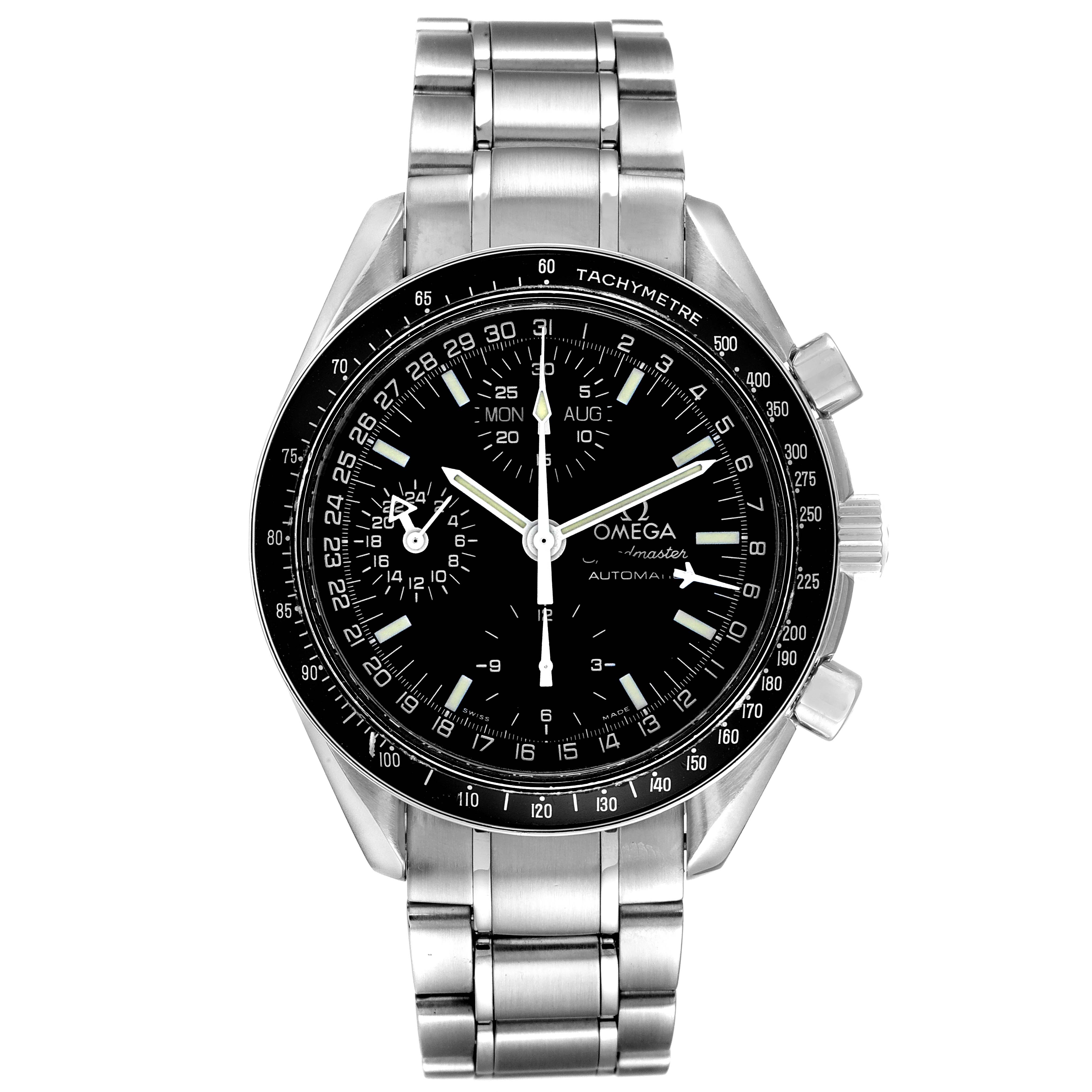 The image shows a front view of an Omega Speedmaster 3520.50.00 Men's Stainless Steel Black Dial 3520.50.00 Men's Stainless Steel Black Dial watch, highlighting its dial, tachymeter, and stainless steel bracelet.