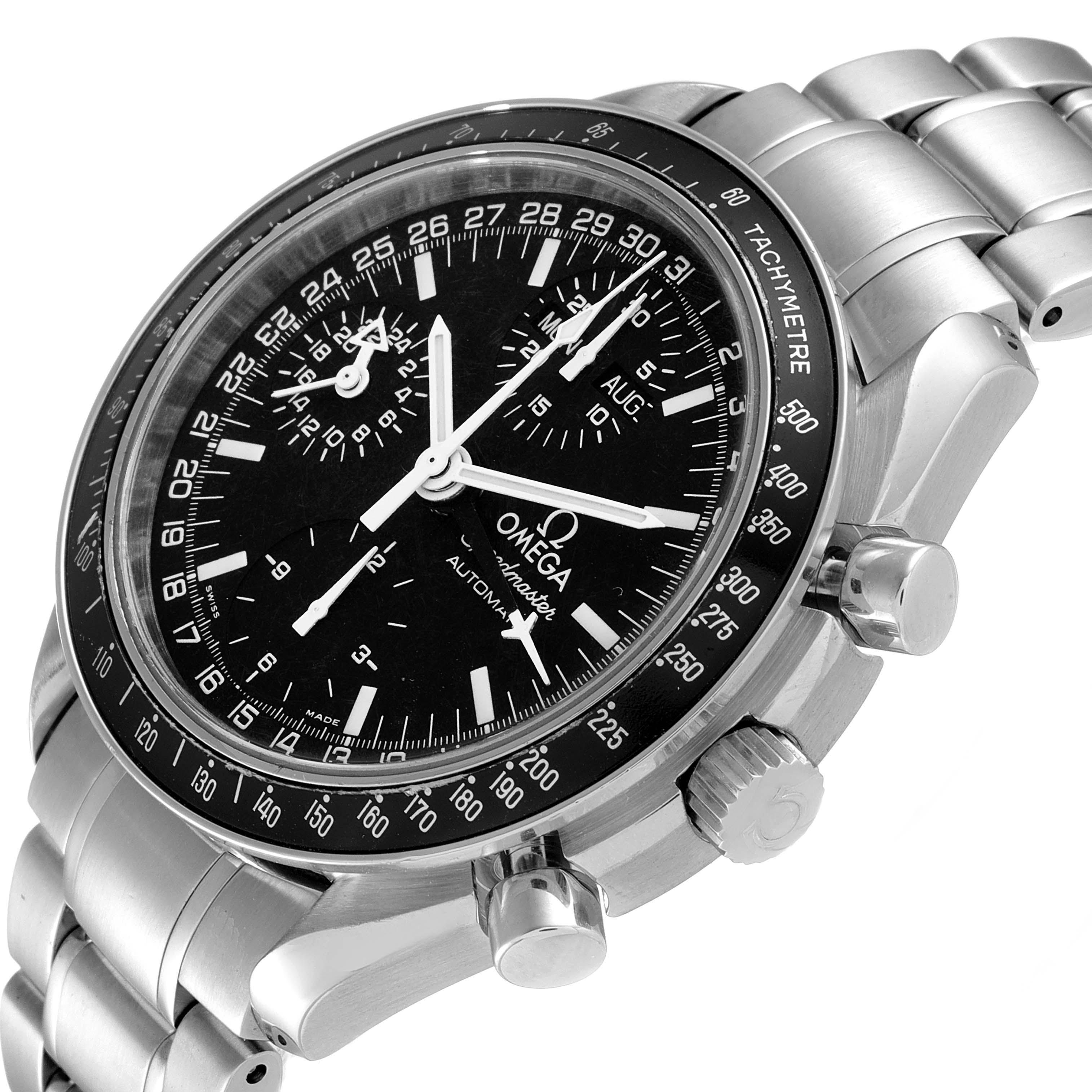 The image shows a close-up angle of the Omega Speedmaster 3520.50.00 Men's Stainless Steel Black Dial 3520.50.00 Men's Stainless Steel Black Dial watch, focusing on the dial, bezel, and bracelet.