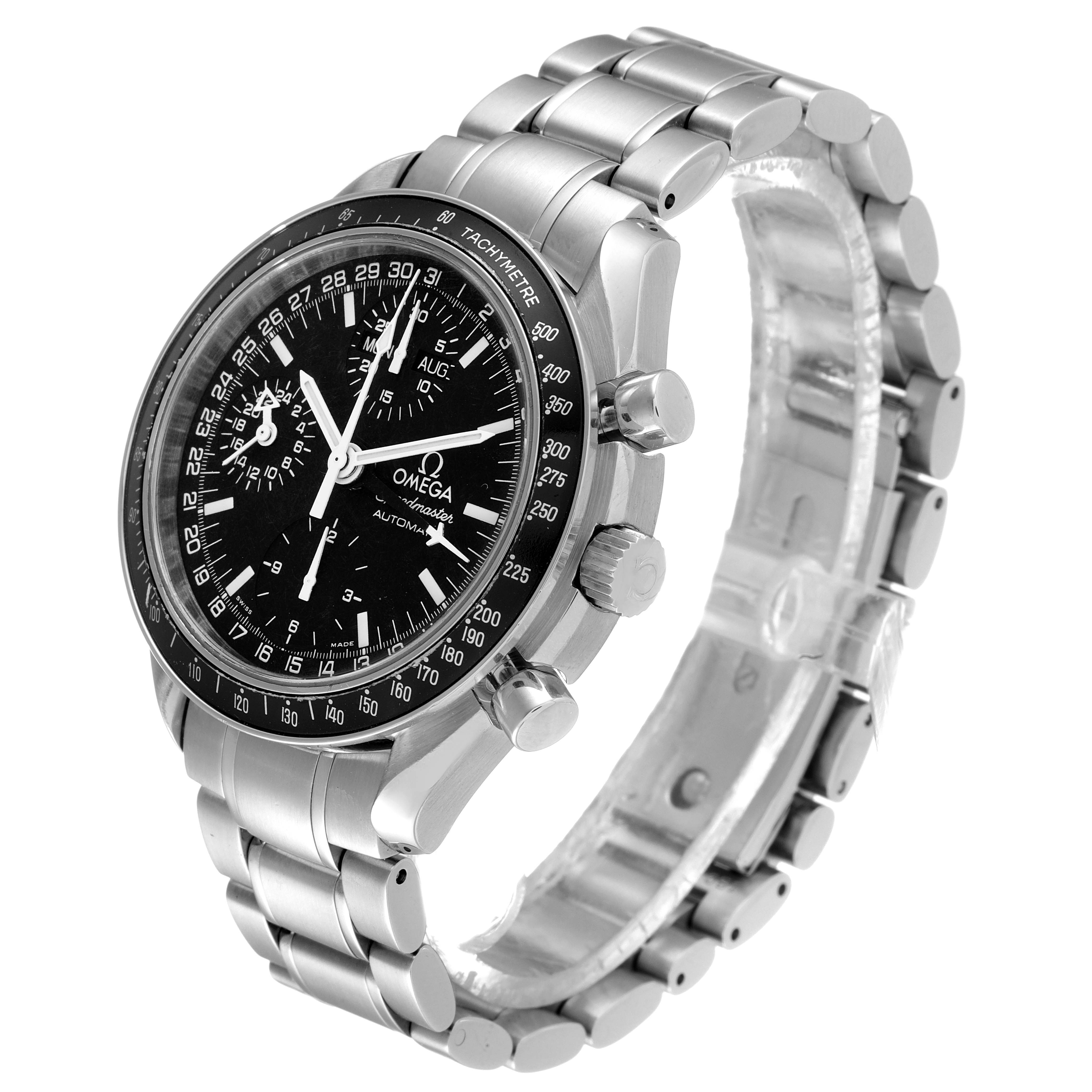 The image shows an Omega Speedmaster 3520.50.00 Men's Stainless Steel Black Dial 3520.50.00 Men's Stainless Steel Black Dial watch at a three-quarter angle, highlighting the face, bezel, case, crown, push-buttons, and bracelet.