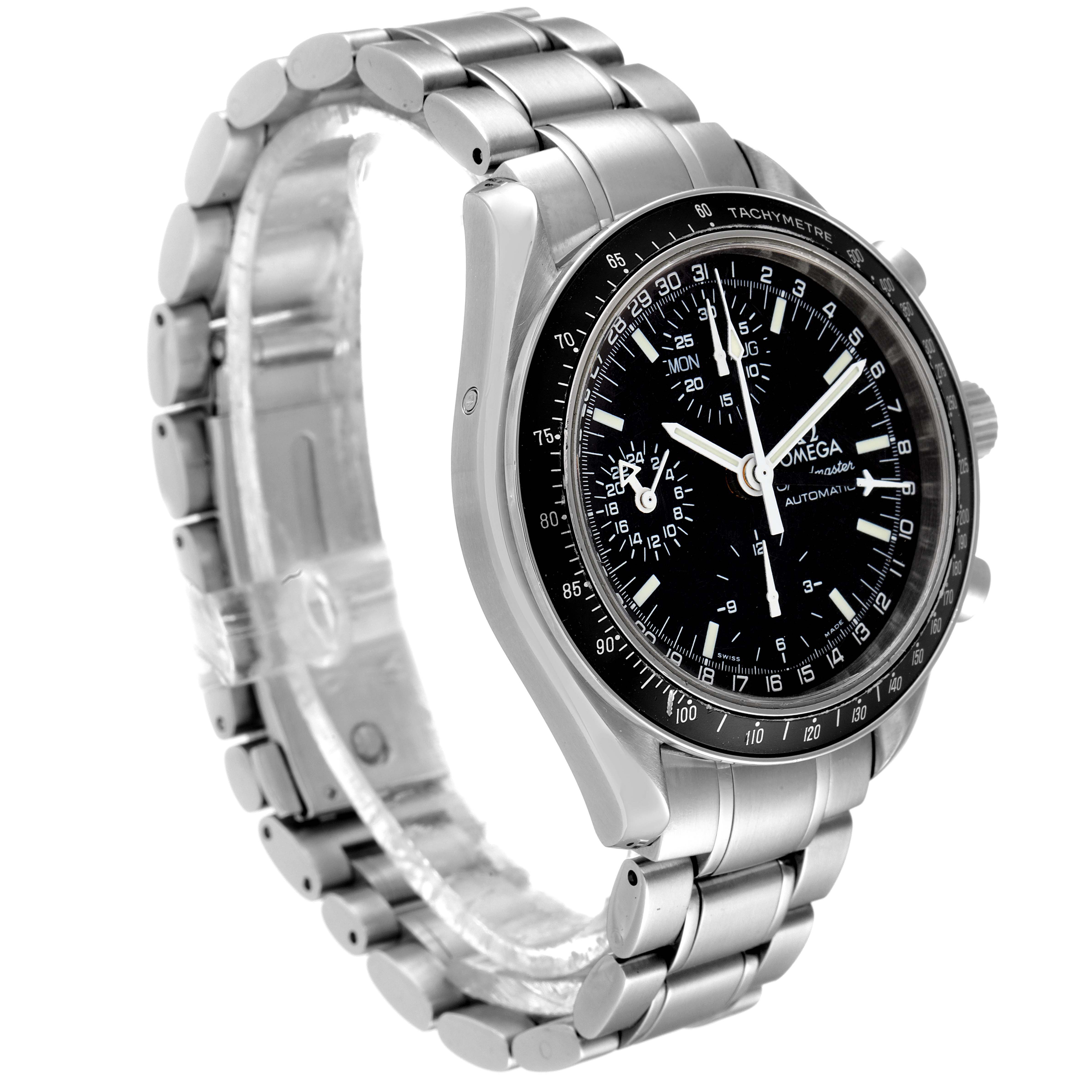 The Omega Speedmaster 3520.50.00 Men's Stainless Steel Black Dial 3520.50.00 Men's Stainless Steel Black Dial watch is shown at an angle displaying its face, bezel, and stainless steel bracelet.