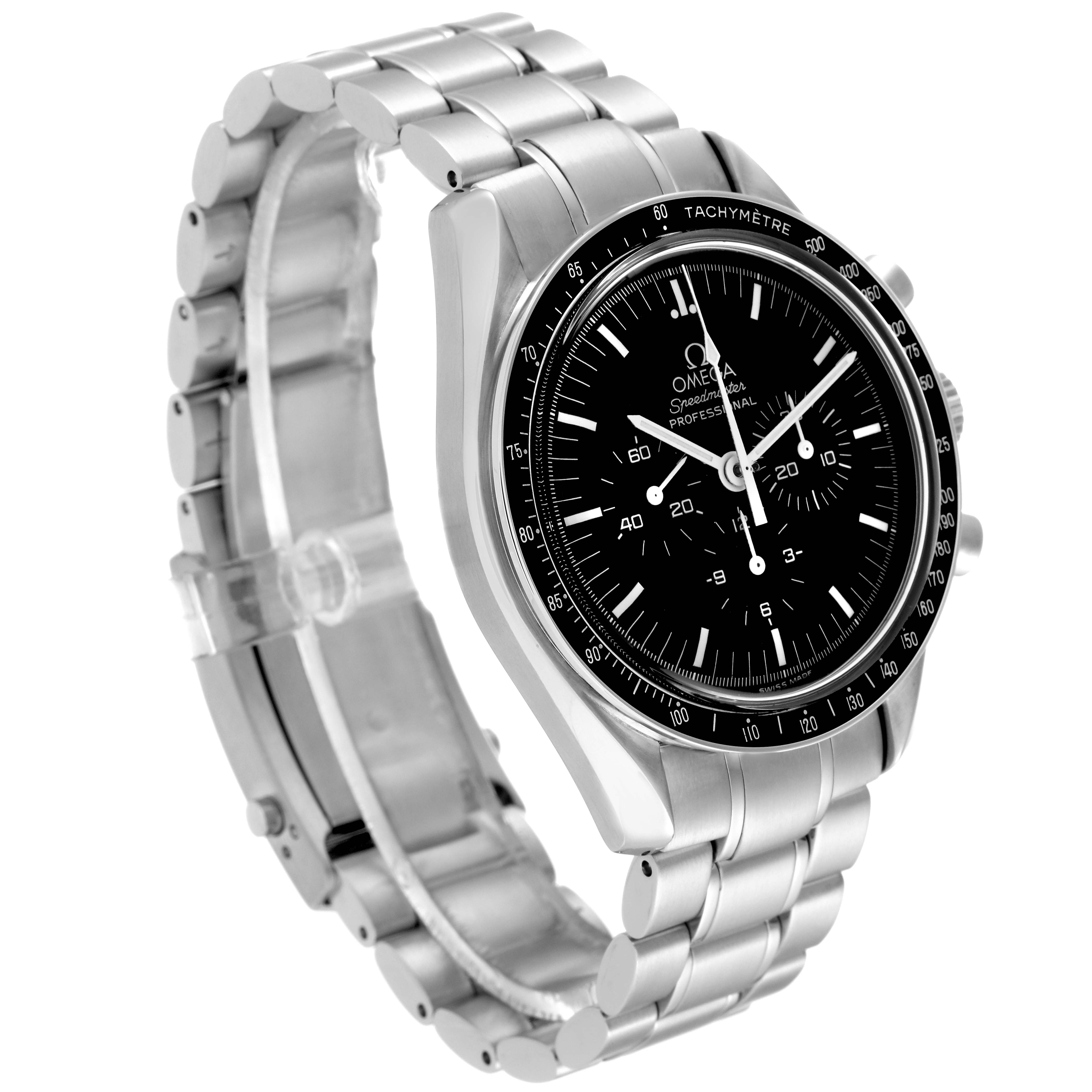 The Omega Speedmaster 3570.50.00 Men
s Stainless Steel Black Dial 3570.50.00 Men
s Stainless Steel Black Dial watch is shown at a slight angle from the front, highlighting its black dial, tachymeter bezel, and metal bracelet.