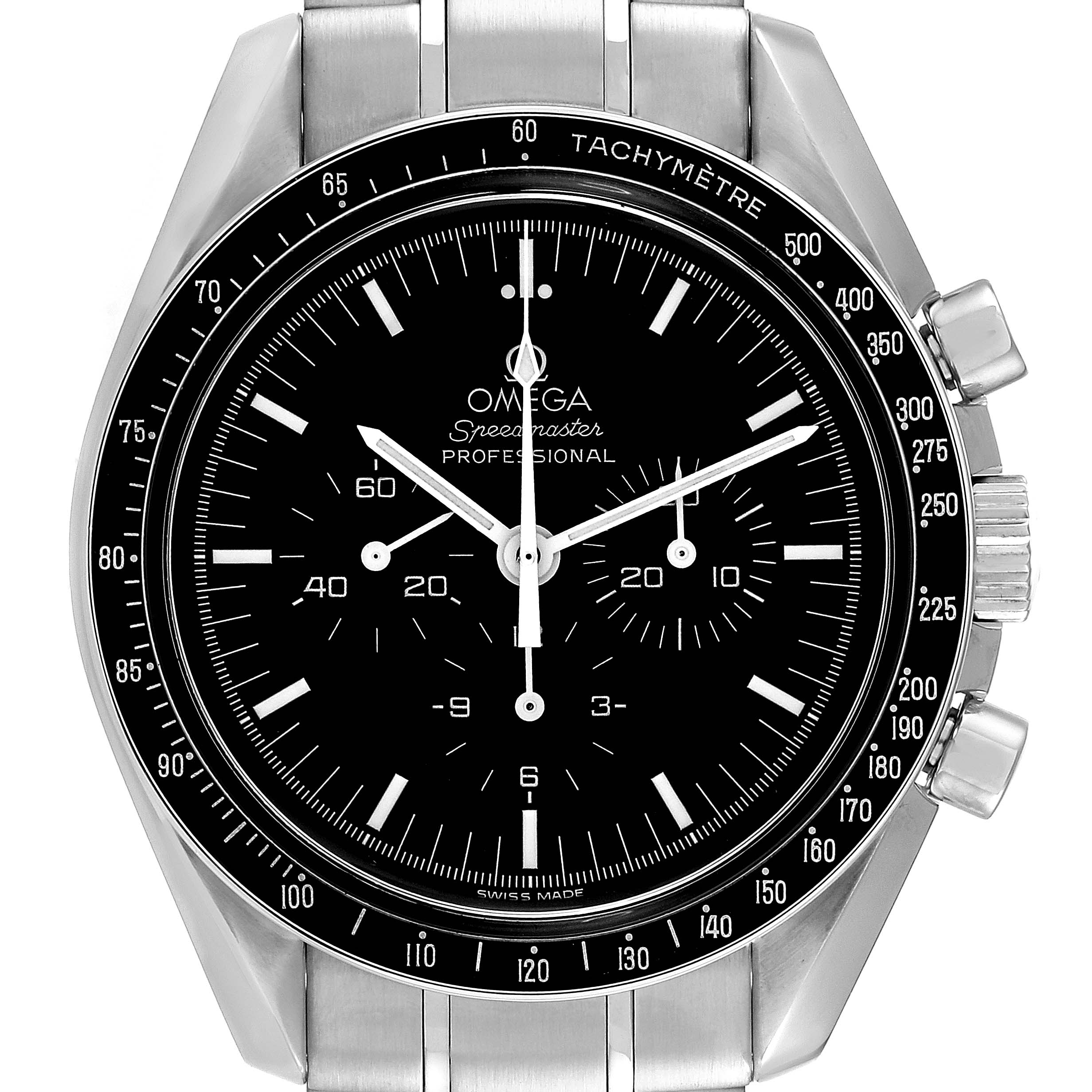 This image shows a front view of an Omega Speedmaster 3570.50.00 Men
s Stainless Steel Black Dial 3570.50.00 Men
s Stainless Steel Black Dial watch, highlighting the dial, subdials, and tachymeter bezel.