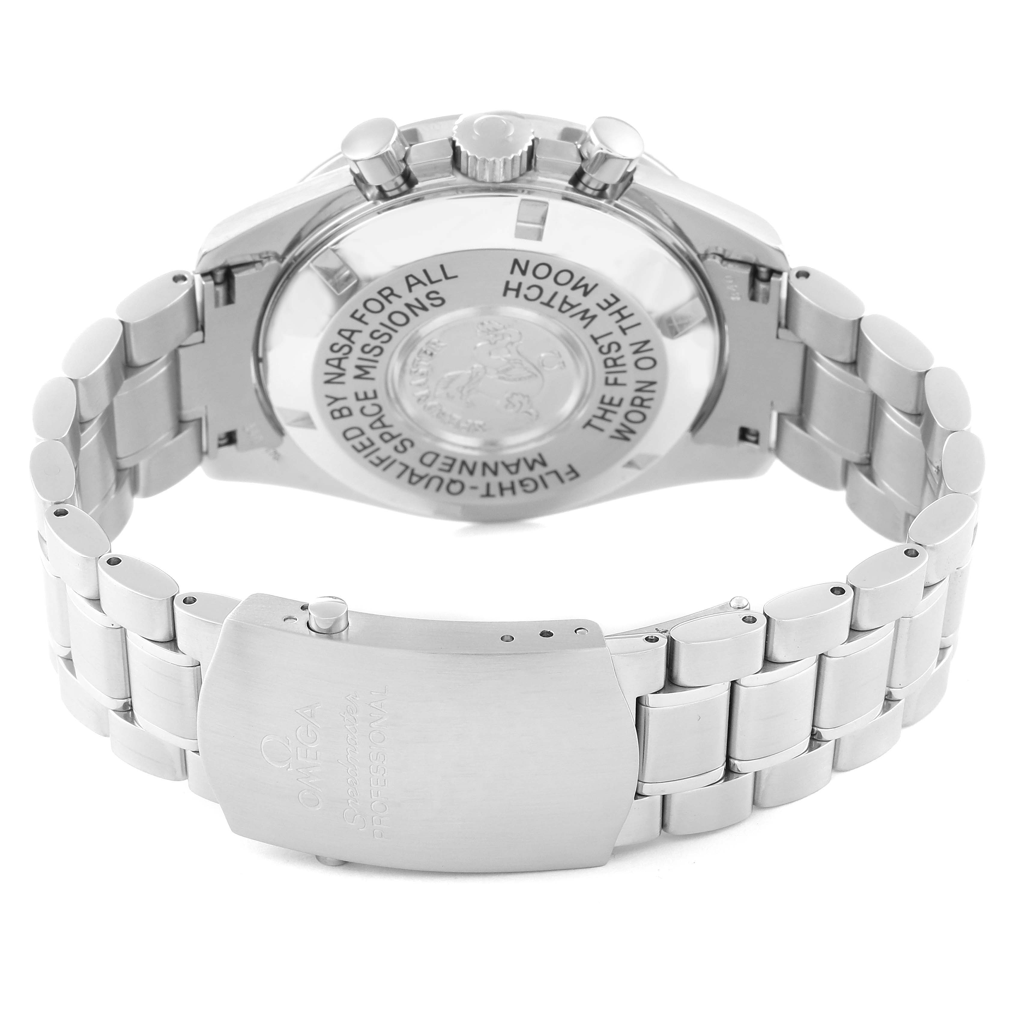 This image shows the back case and bracelet clasp of an Omega Speedmaster 3570.50.00 Men
s Stainless Steel Black Dial 3570.50.00 Men
s Stainless Steel Black Dial watch.