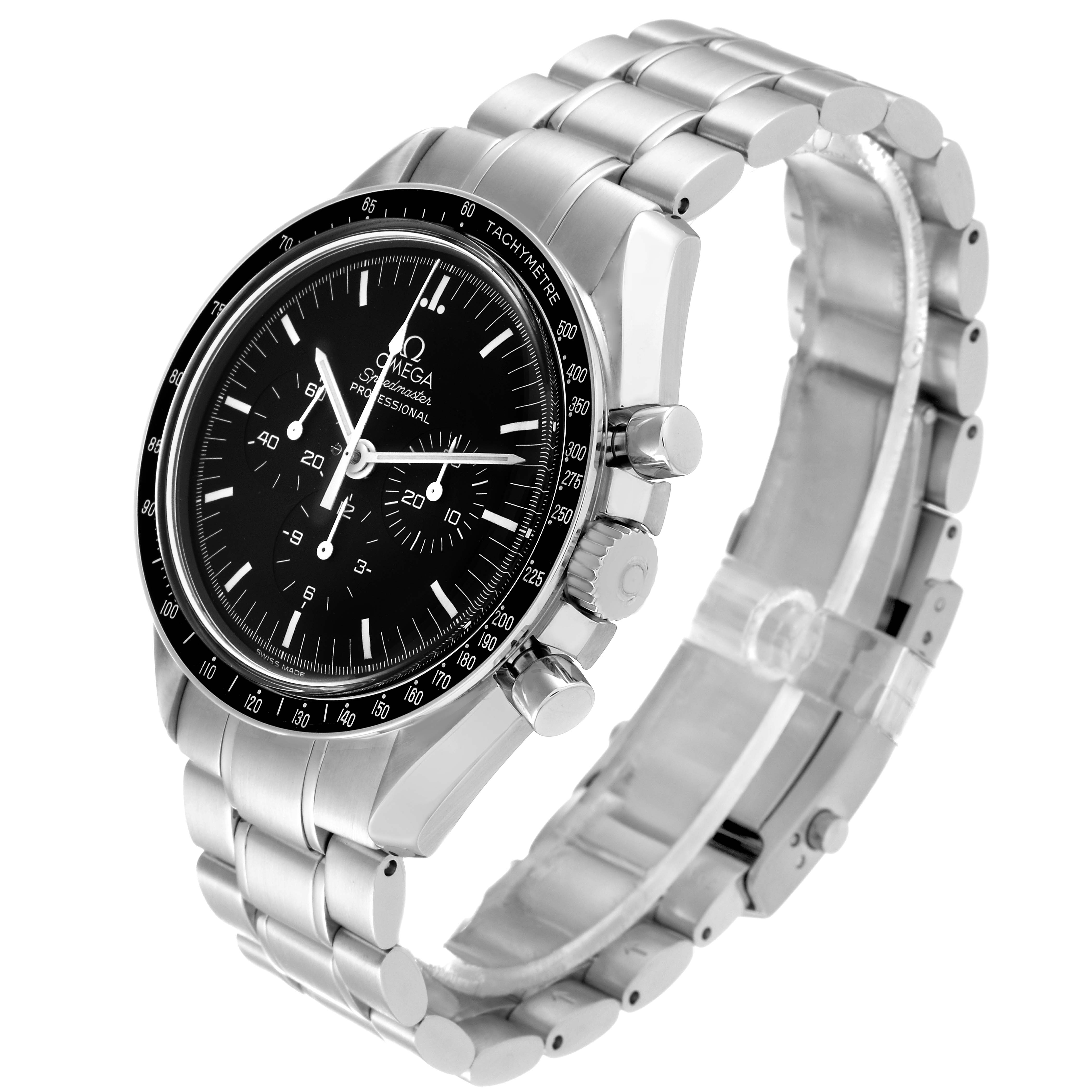 The image shows an angled view of the Omega Speedmaster 3570.50.00 Men
s Stainless Steel Black Dial 3570.50.00 Men
s Stainless Steel Black Dial watch, focusing on the face, bezel, and stainless steel bracelet.