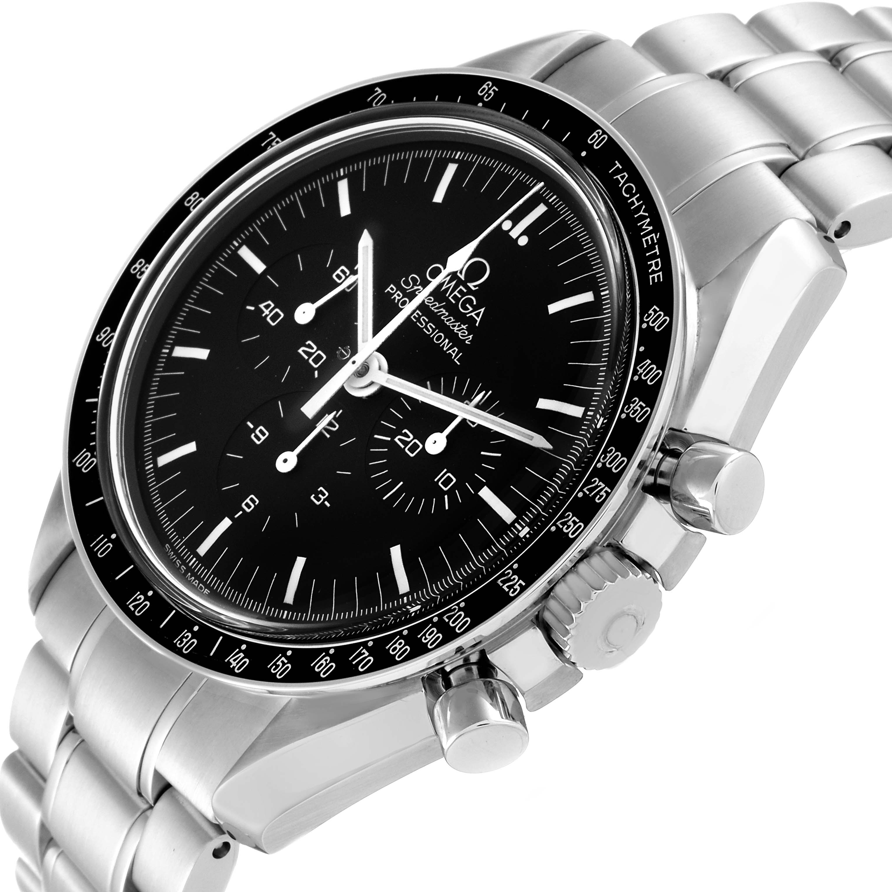 The Omega Speedmaster 3570.50.00 Men
s Stainless Steel Black Dial 3570.50.00 Men
s Stainless Steel Black Dial watch is shown at a slight angle, highlighting the face, bezel, and part of the bracelet.