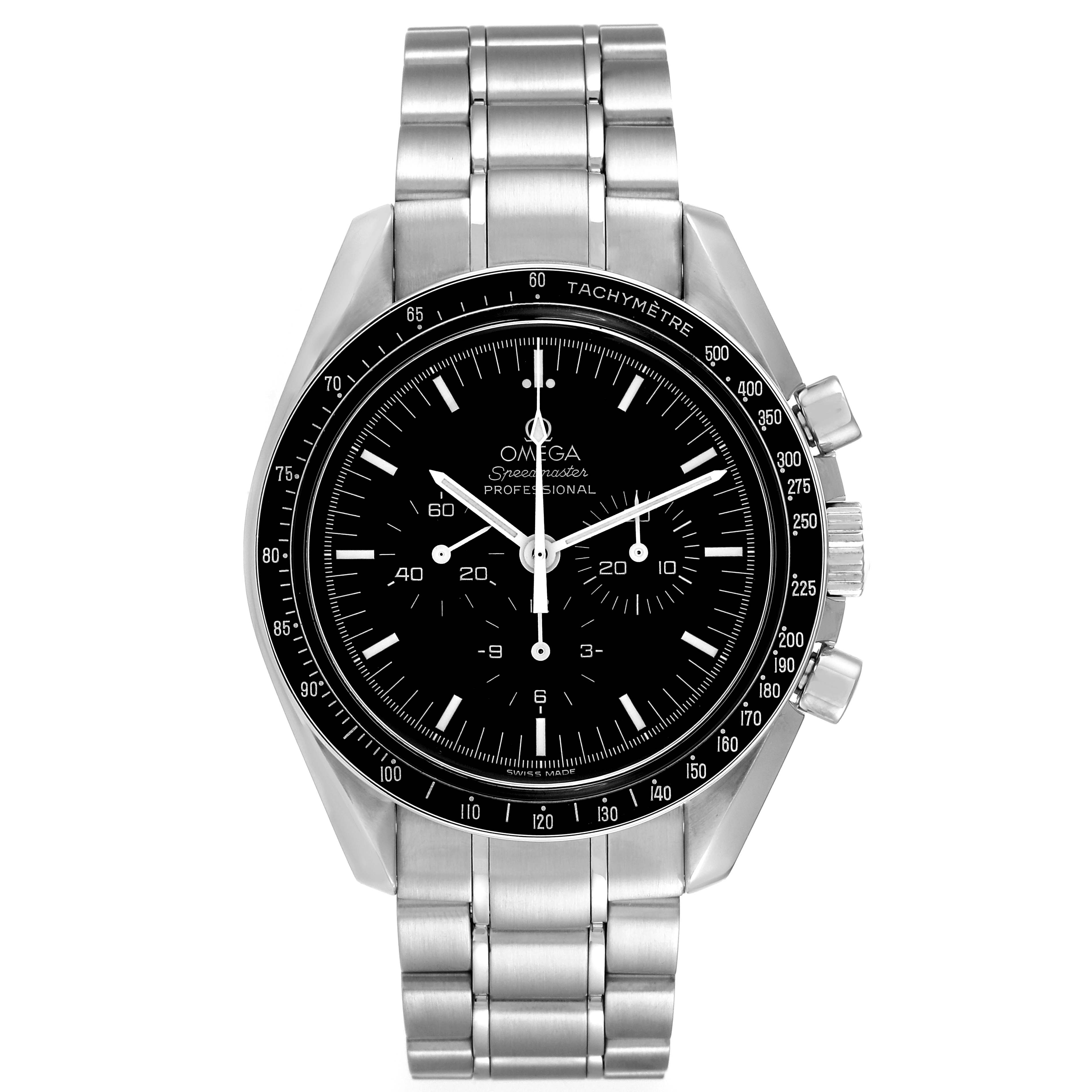 The Omega Speedmaster 3570.50.00 Men
s Stainless Steel Black Dial 3570.50.00 Men
s Stainless Steel Black Dial watch is shown from the front, displaying its stainless steel bracelet, dial, tachymeter bezel, and push-buttons.