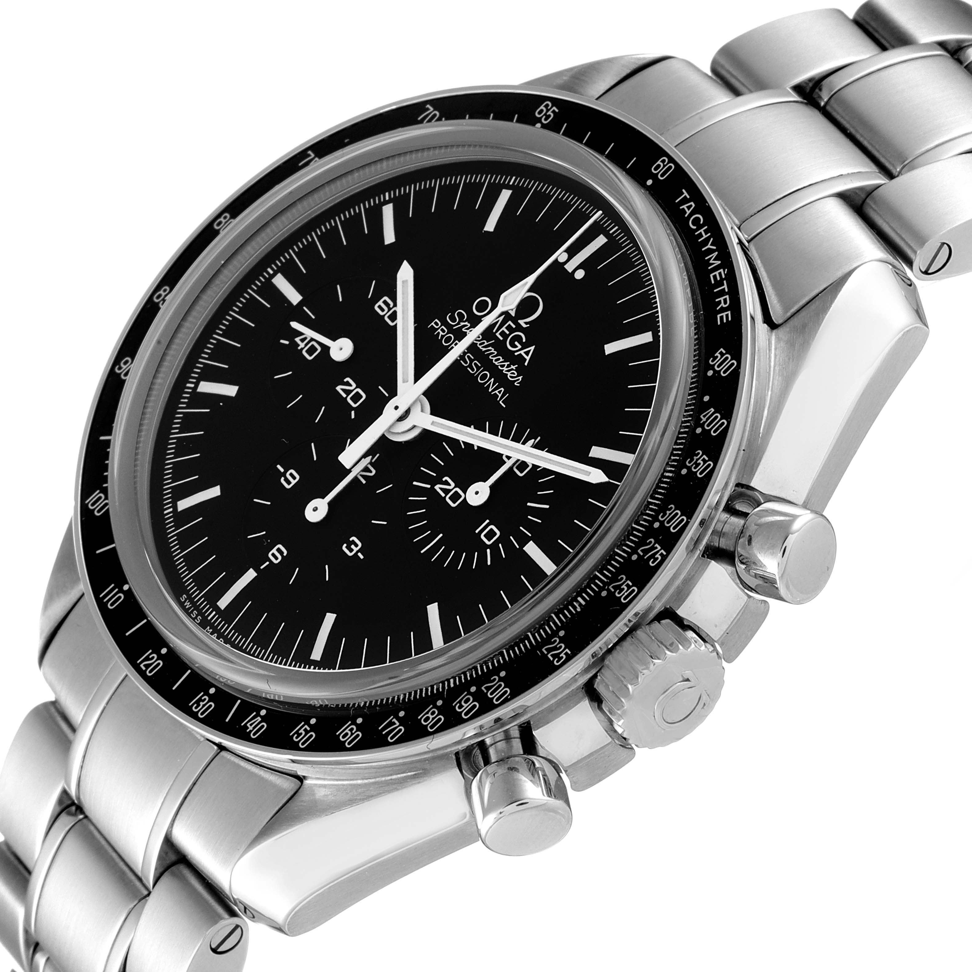 The Omega Speedmaster 311.30.42.30.01.006 Men's Stainless Steel Black Dial 311.30.42.30.01.006 Men's Stainless Steel Black Dial watch is shown at a three-quarter angle displaying the dial, bezel, side buttons, and part of the bracelet.