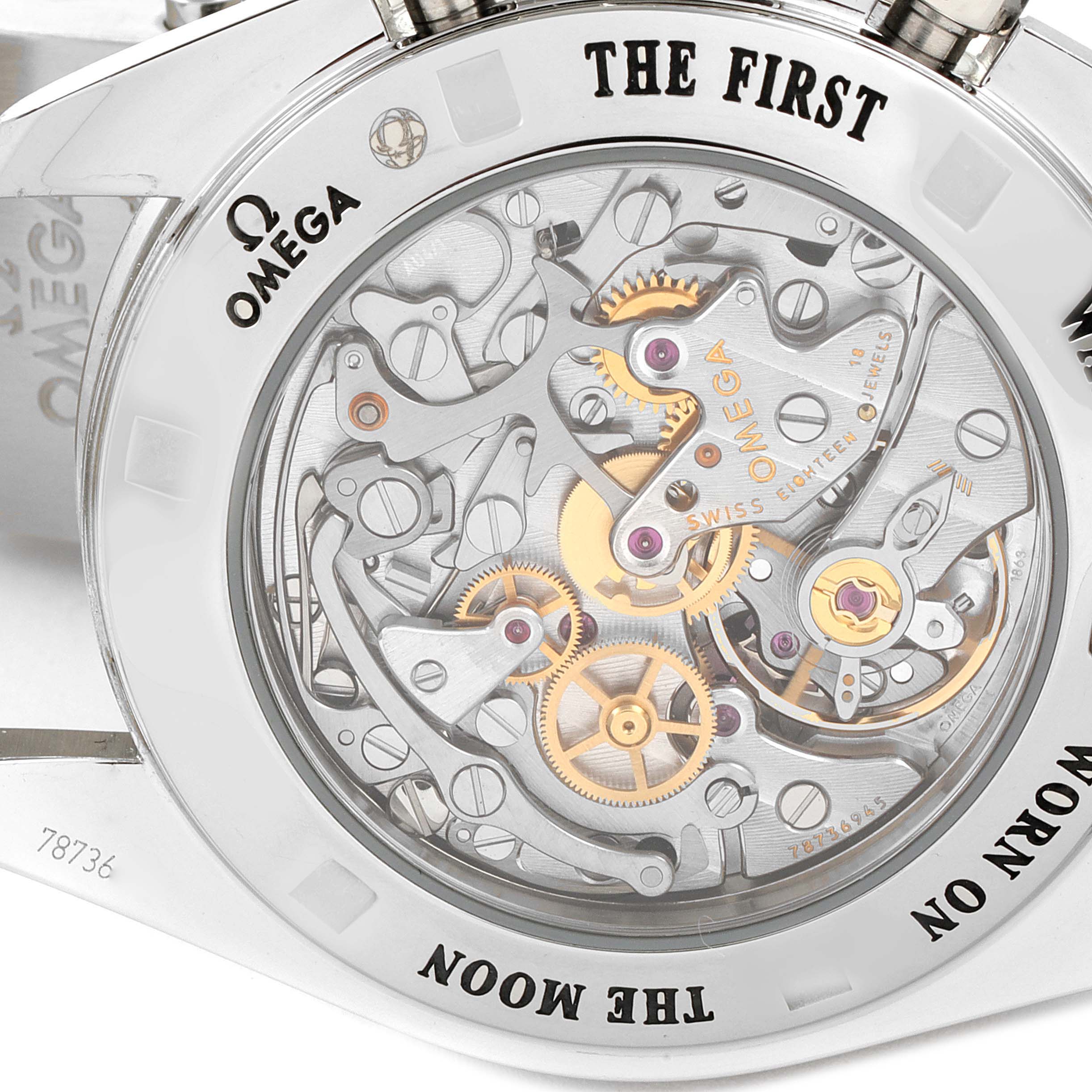 This image shows the Omega Speedmaster 311.30.42.30.01.006 Men's Stainless Steel Black Dial 311.30.42.30.01.006 Men's Stainless Steel Black Dial watch's back, highlighting its intricate mechanical movement.