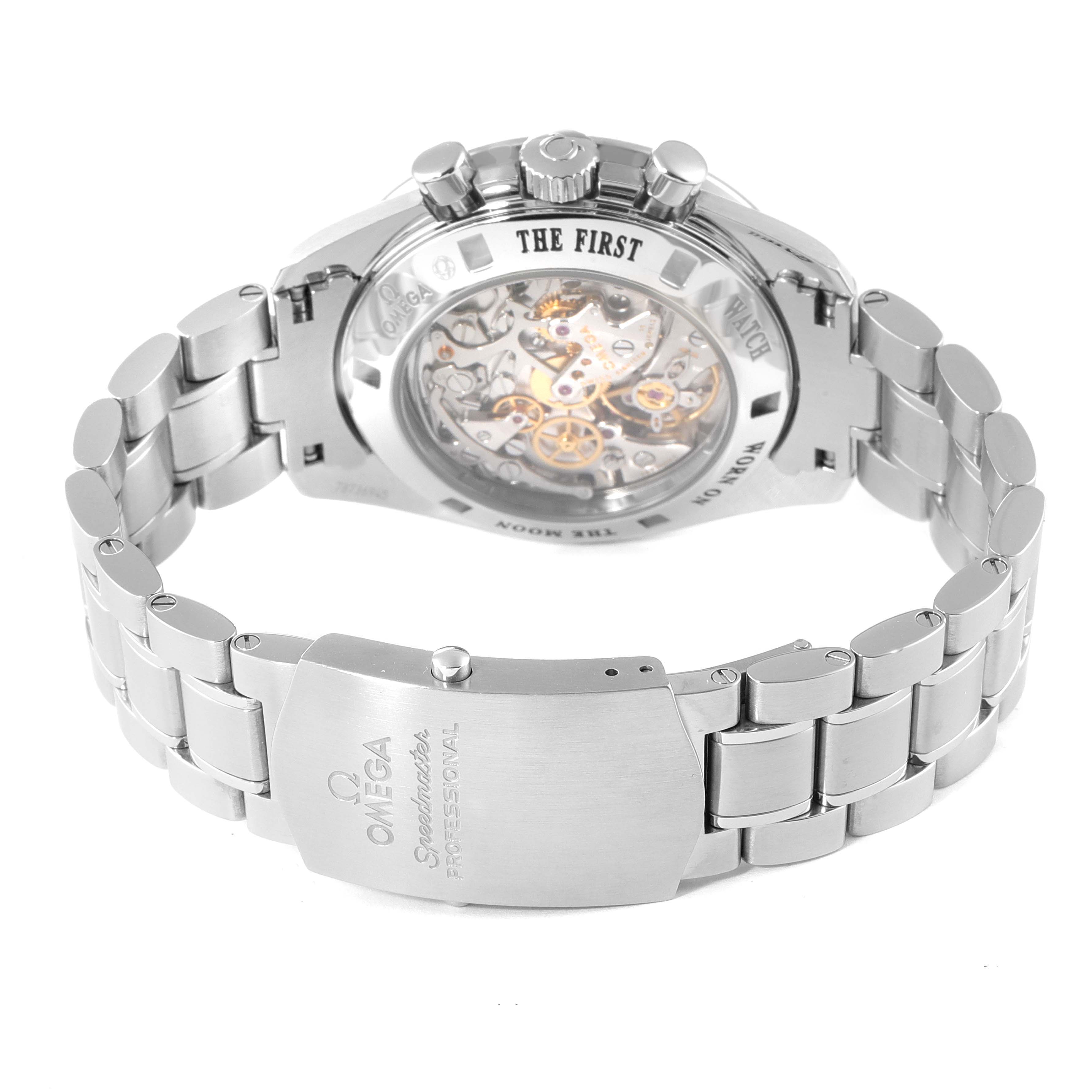 The image shows the back view of the Omega Speedmaster 311.30.42.30.01.006 Men's Stainless Steel Black Dial 311.30.42.30.01.006 Men's Stainless Steel Black Dial watch, highlighting its caliber, bracelet, and clasp.