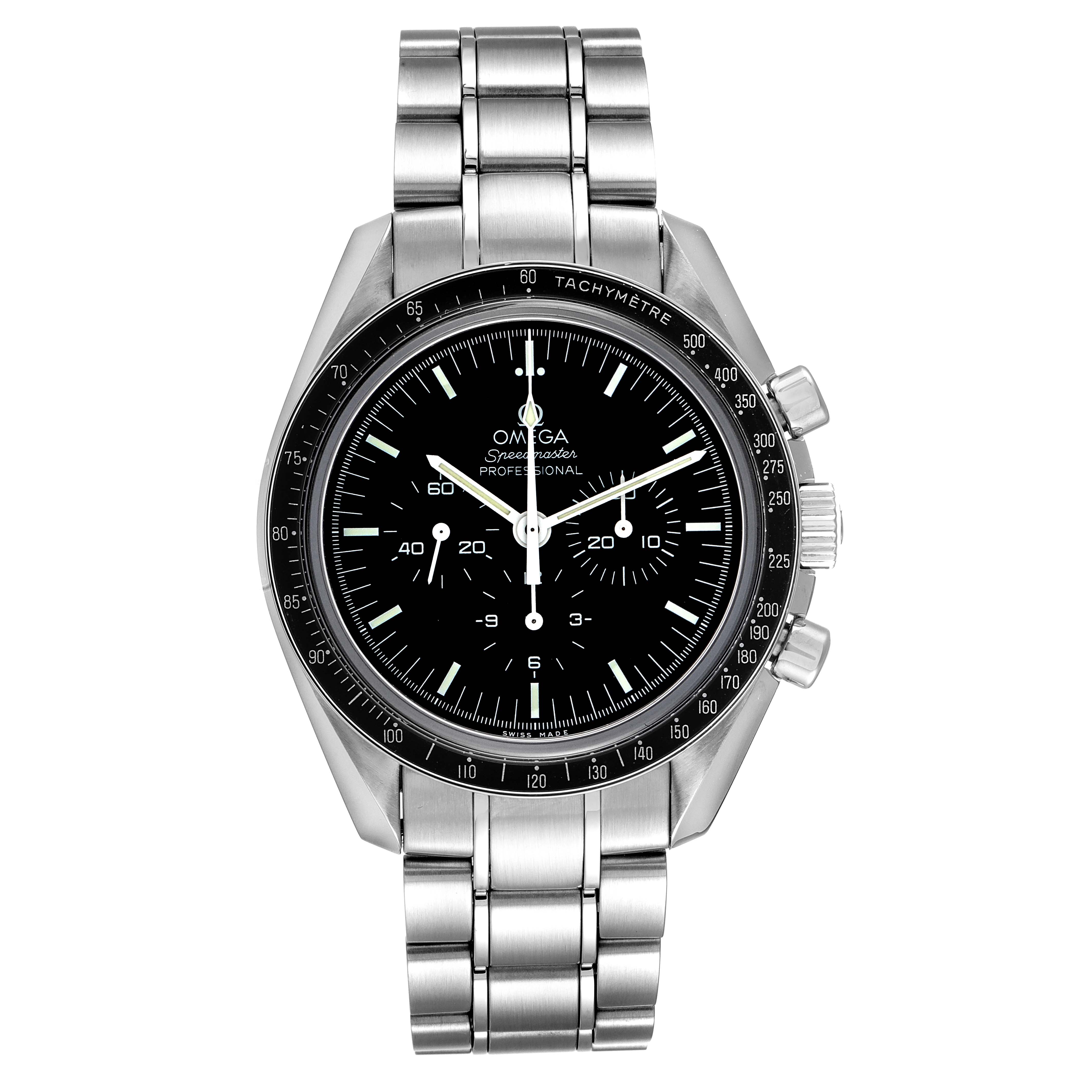 The Omega Speedmaster 311.30.42.30.01.006 Men's Stainless Steel Black Dial 311.30.42.30.01.006 Men's Stainless Steel Black Dial watch is shown from the front, displaying the case, dial, hands, chronograph subdials, and bracelet.