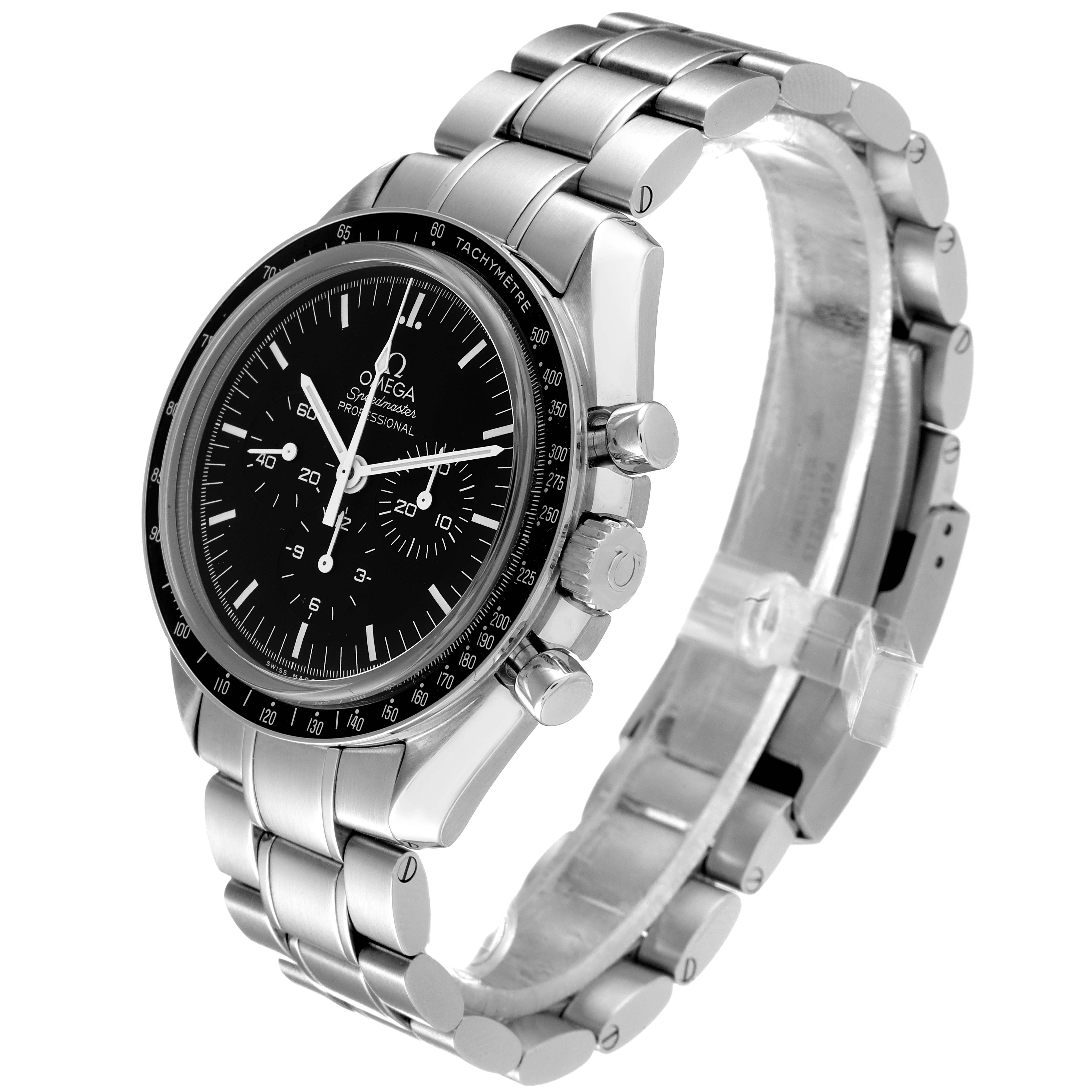 The image shows an Omega Speedmaster 311.30.42.30.01.006 Men's Stainless Steel Black Dial 311.30.42.30.01.006 Men's Stainless Steel Black Dial watch at a side angle, highlighting the bracelet, case, and dial.