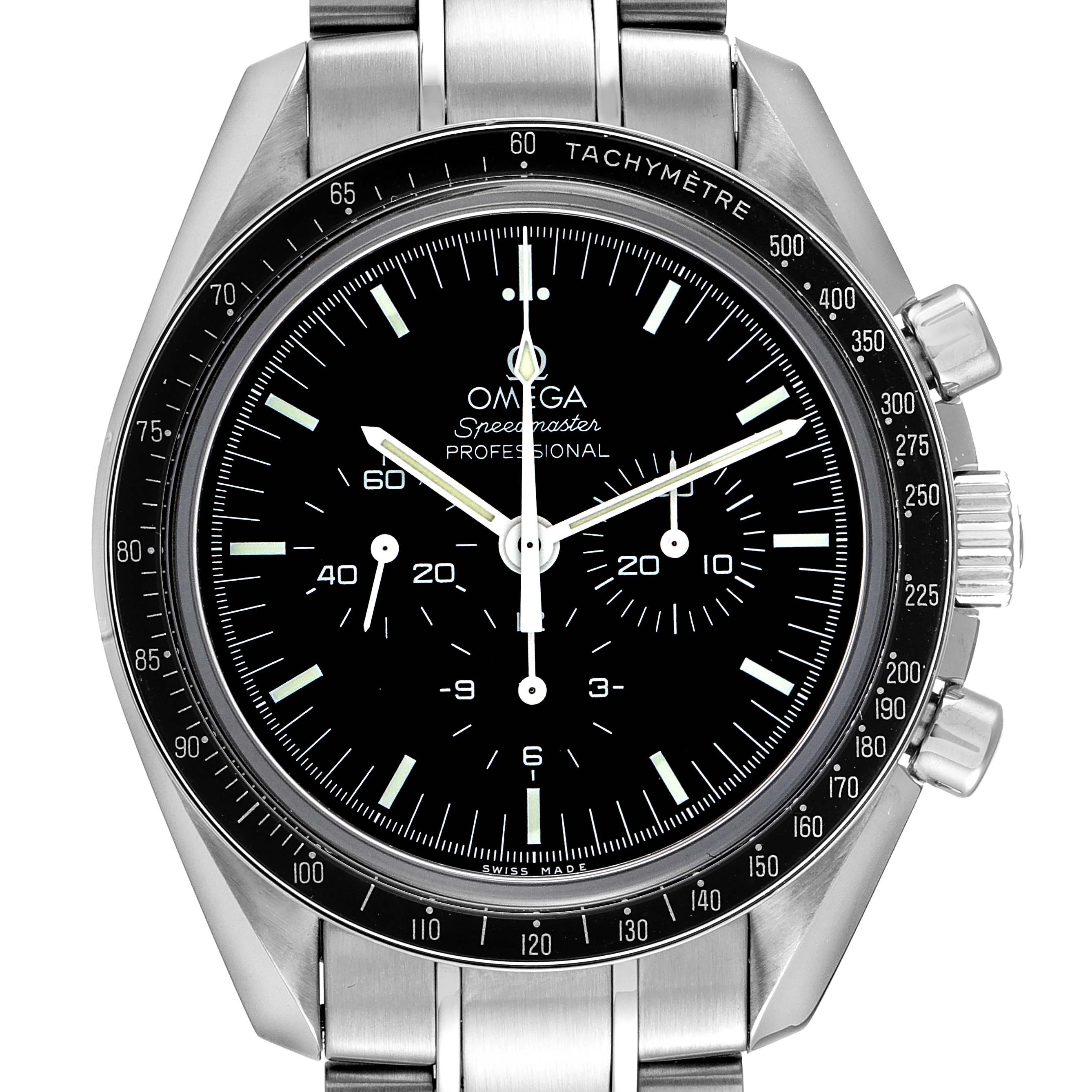 The image shows a front view of an Omega Speedmaster 311.30.42.30.01.006 Men's Stainless Steel Black Dial 311.30.42.30.01.006 Men's Stainless Steel Black Dial Professional watch, highlighting the dial, bezel, and stainless steel bracelet.