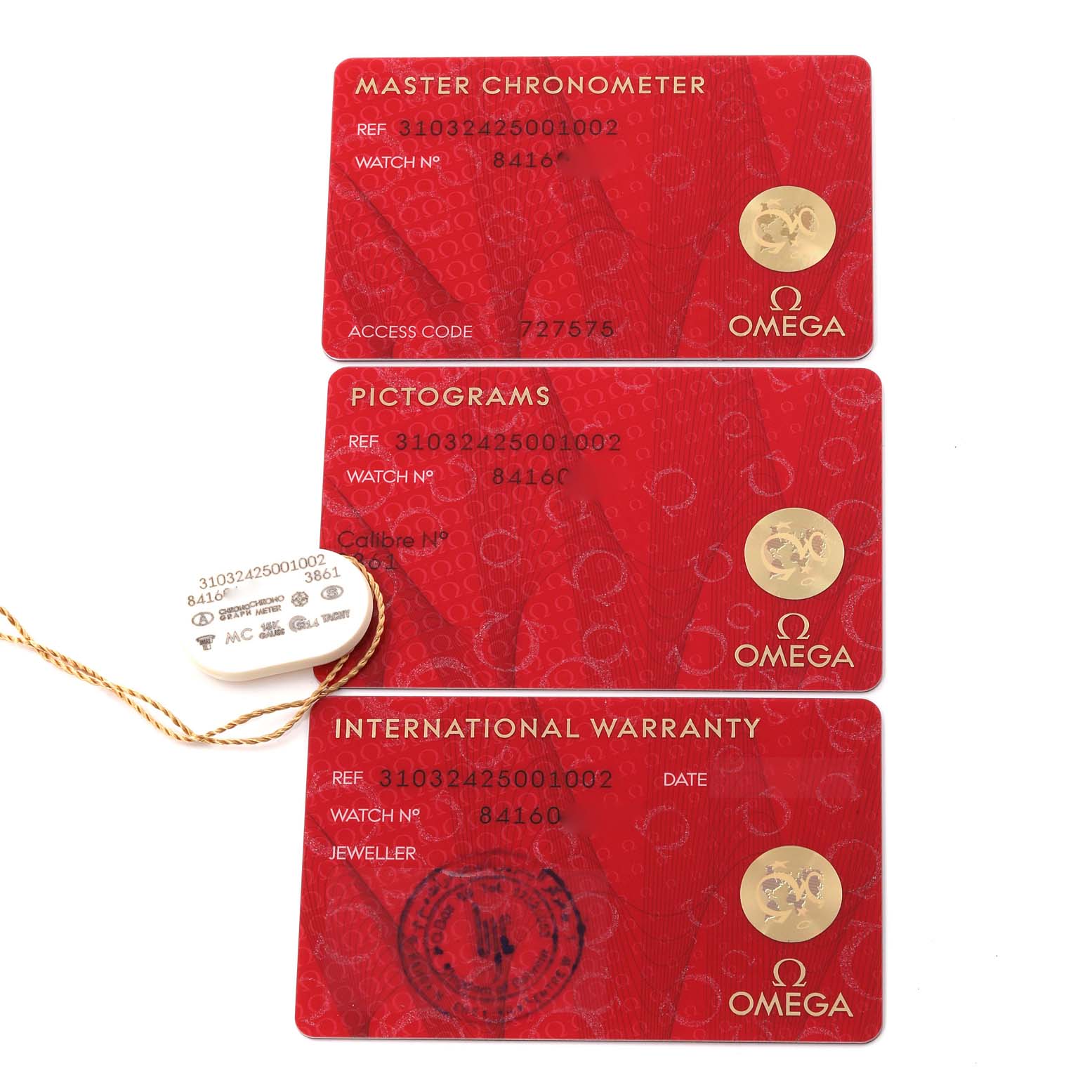 The image shows three Omega Speedmaster 310.32.42.50.01.002 Men's Stainless Steel Black Dial 310.32.42.50.01.002 Men's Stainless Steel Black Dial watch cards: Master Chronometer, Pictograms, and International Warranty.