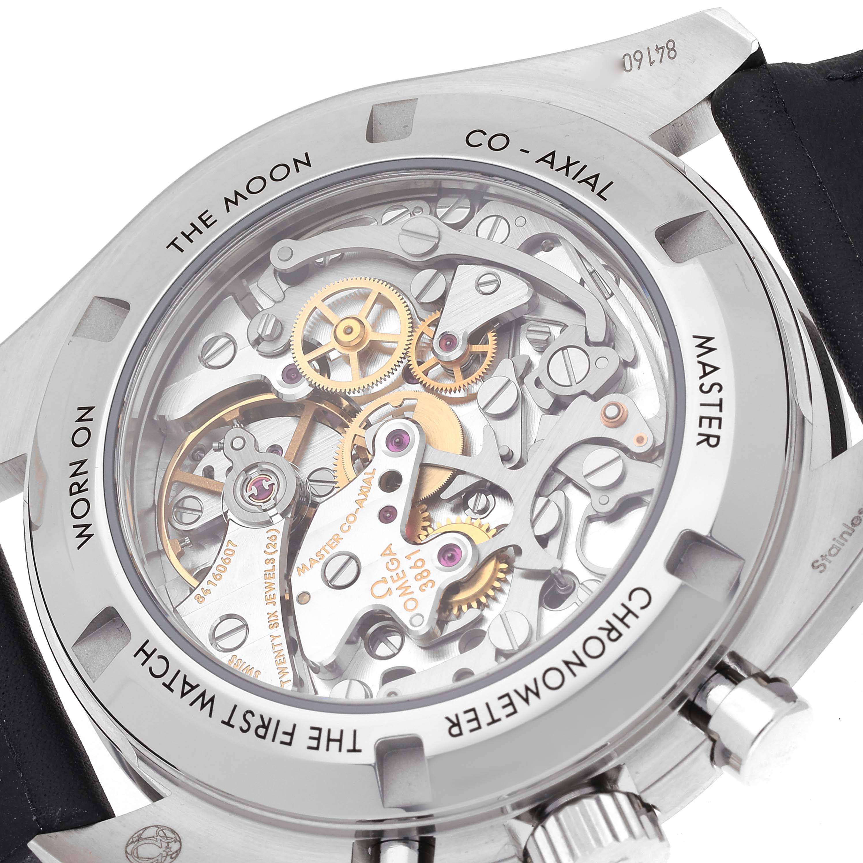 This image shows the back of an Omega Speedmaster 310.32.42.50.01.002 Men's Stainless Steel Black Dial 310.32.42.50.01.002 Men's Stainless Steel Black Dial watch, highlighting its co-axial movement and internal mechanics.