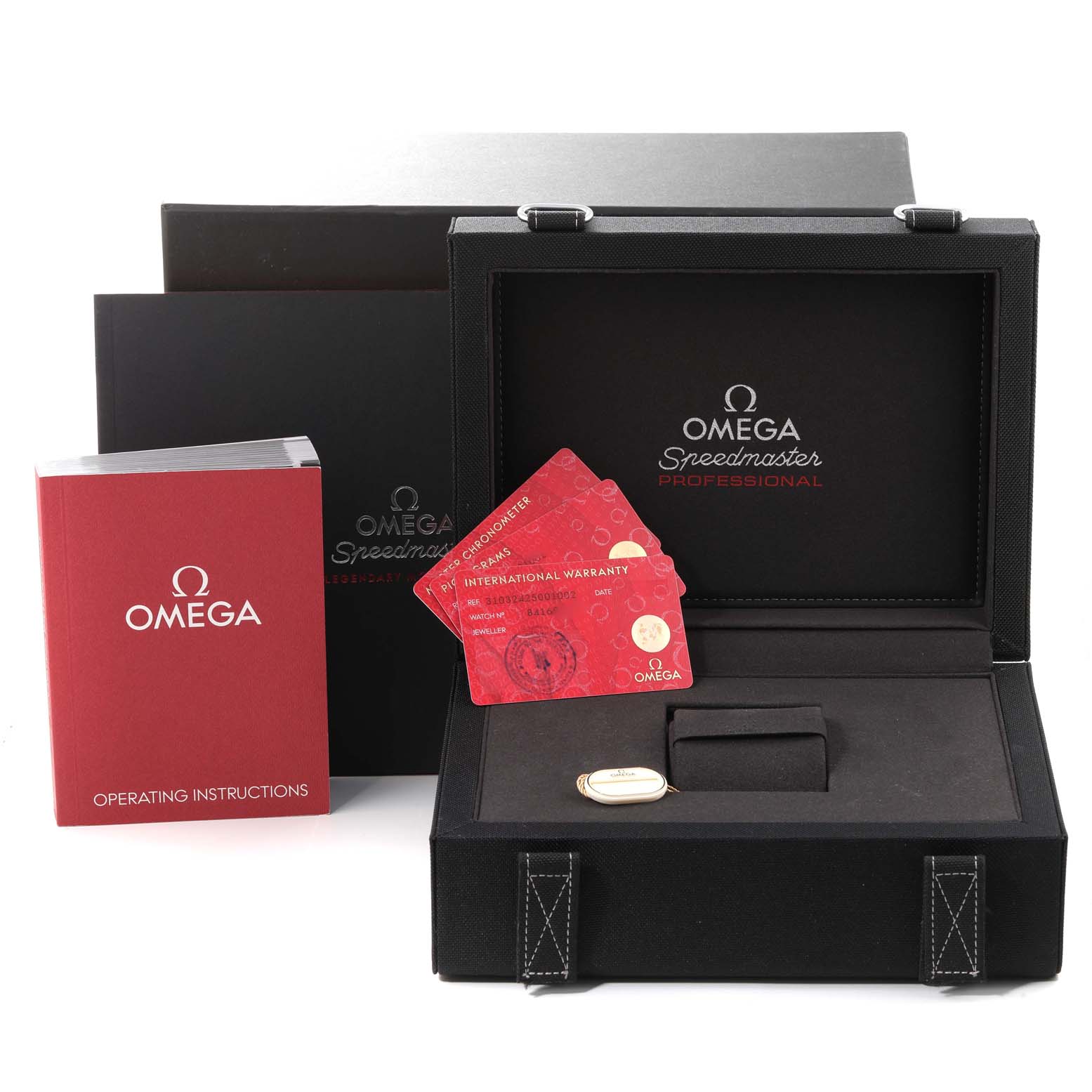 The image shows the Omega Speedmaster 310.32.42.50.01.002 Men's Stainless Steel Black Dial 310.32.42.50.01.002 Men's Stainless Steel Black Dial Professional watch box, operating instructions, international warranty cards, and accessories.