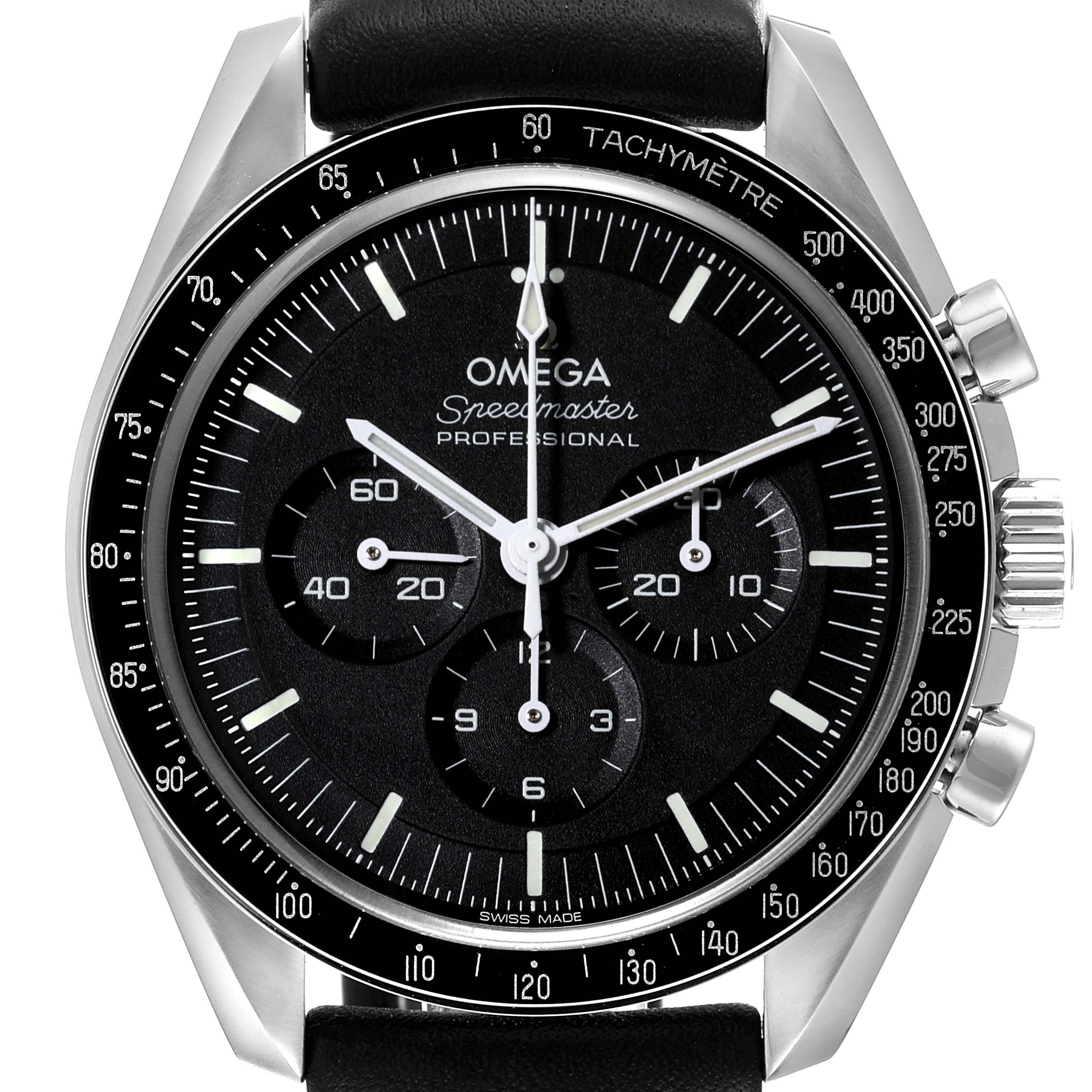 The image shows a front view of an Omega Speedmaster 310.32.42.50.01.002 Men's Stainless Steel Black Dial 310.32.42.50.01.002 Men's Stainless Steel Black Dial watch, including the dial, tachymeter bezel, and pushers.