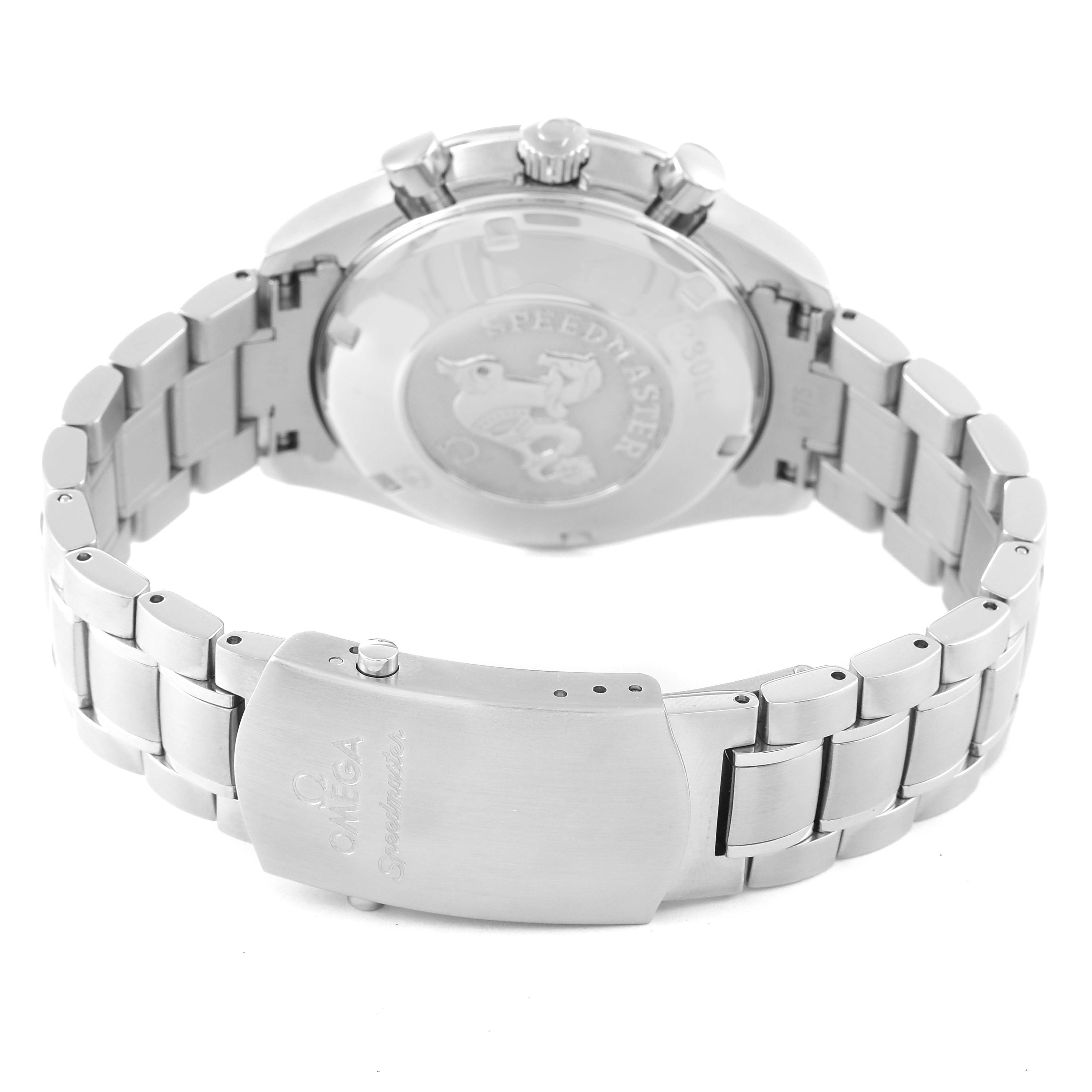 The image shows the back of an Omega Speedmaster 3211.30.00 Men's Stainless Steel Silver Dial 3211.30.00 Men's Stainless Steel Silver Dial watch, highlighting the clasp and part of the bracelet.