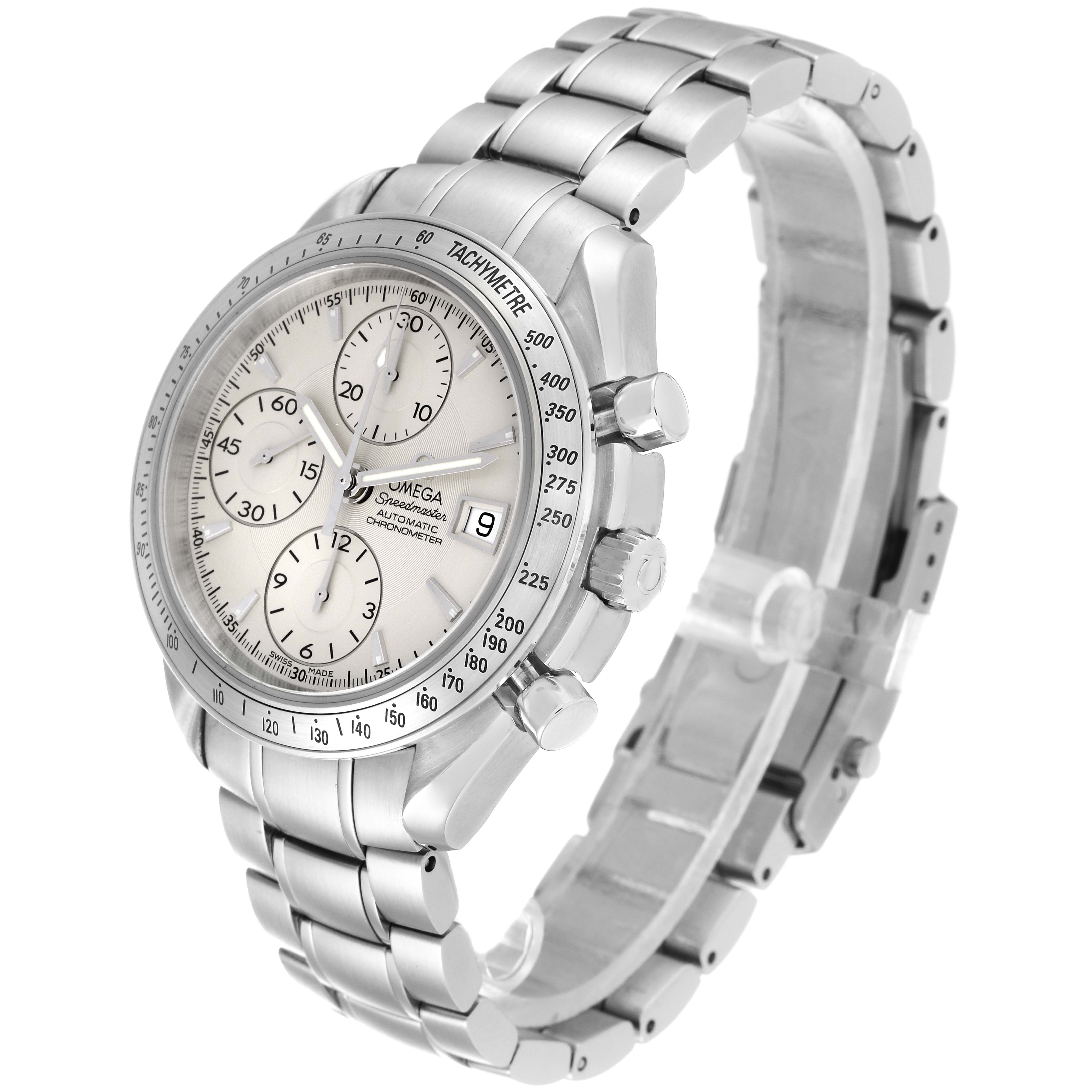 The Omega Speedmaster 3211.30.00 Men's Stainless Steel Silver Dial 3211.30.00 Men's Stainless Steel Silver Dial watch is shown at a three-quarter angle, highlighting the face, bezel, chronograph buttons, and bracelet.