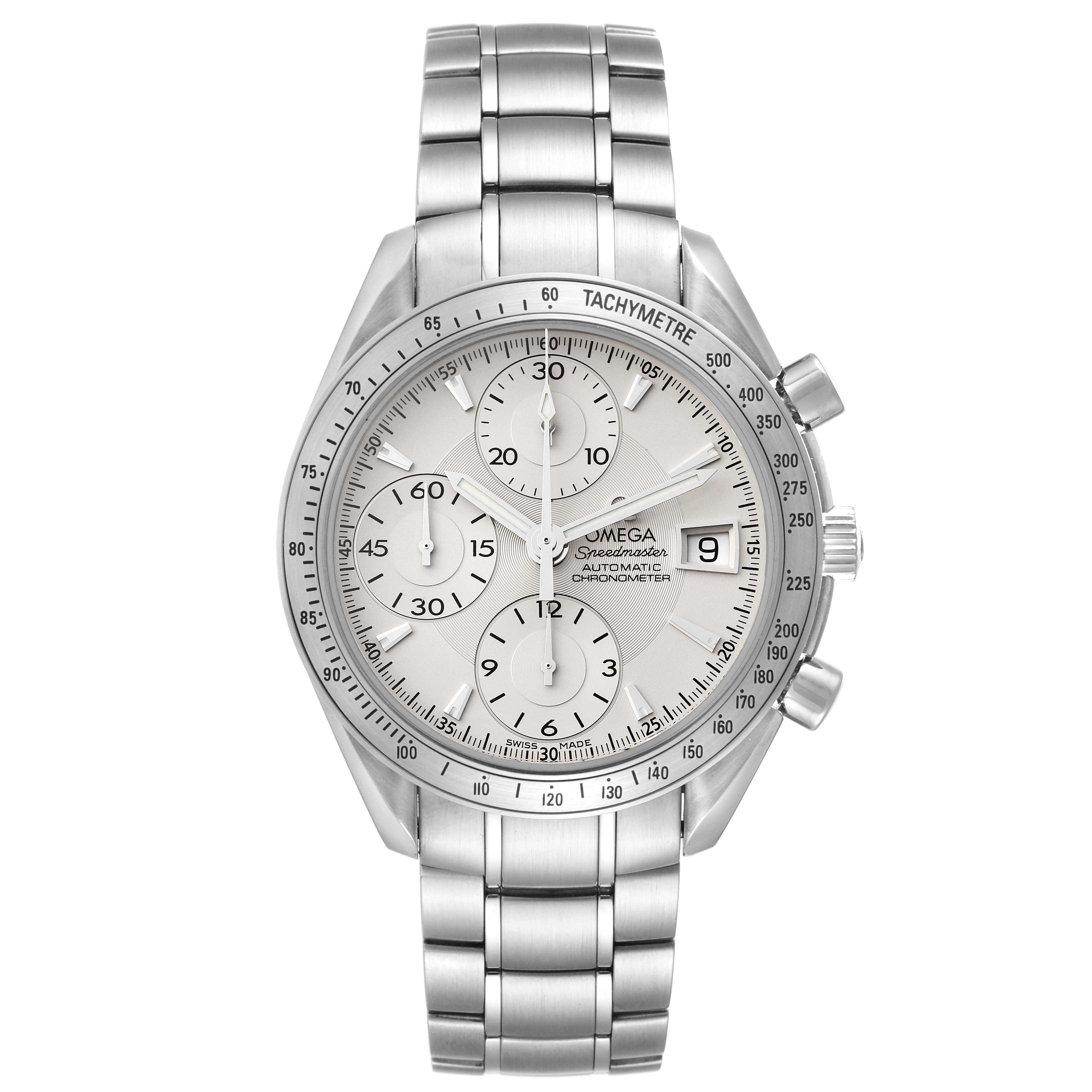The image shows a front view of an Omega Speedmaster 3211.30.00 Men's Stainless Steel Silver Dial 3211.30.00 Men's Stainless Steel Silver Dial watch featuring a silver dial, three sub-dials, and a stainless steel bracelet.
