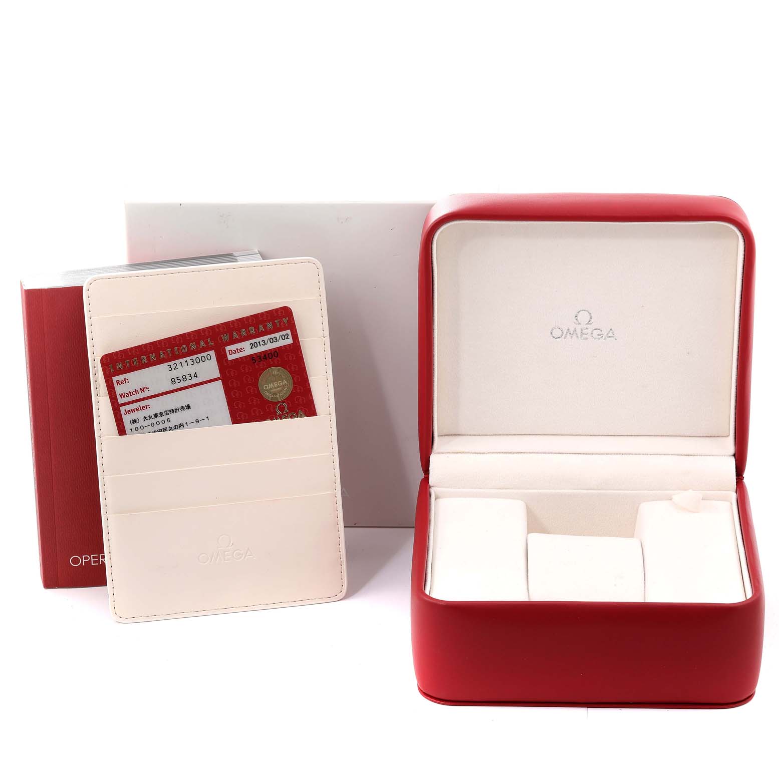 The image shows Omega Speedmaster 3211.30.00 Men's Stainless Steel Silver Dial 3211.30.00 Men's Stainless Steel Silver Dial accessories including an empty watch box, warranty card, and documentation.