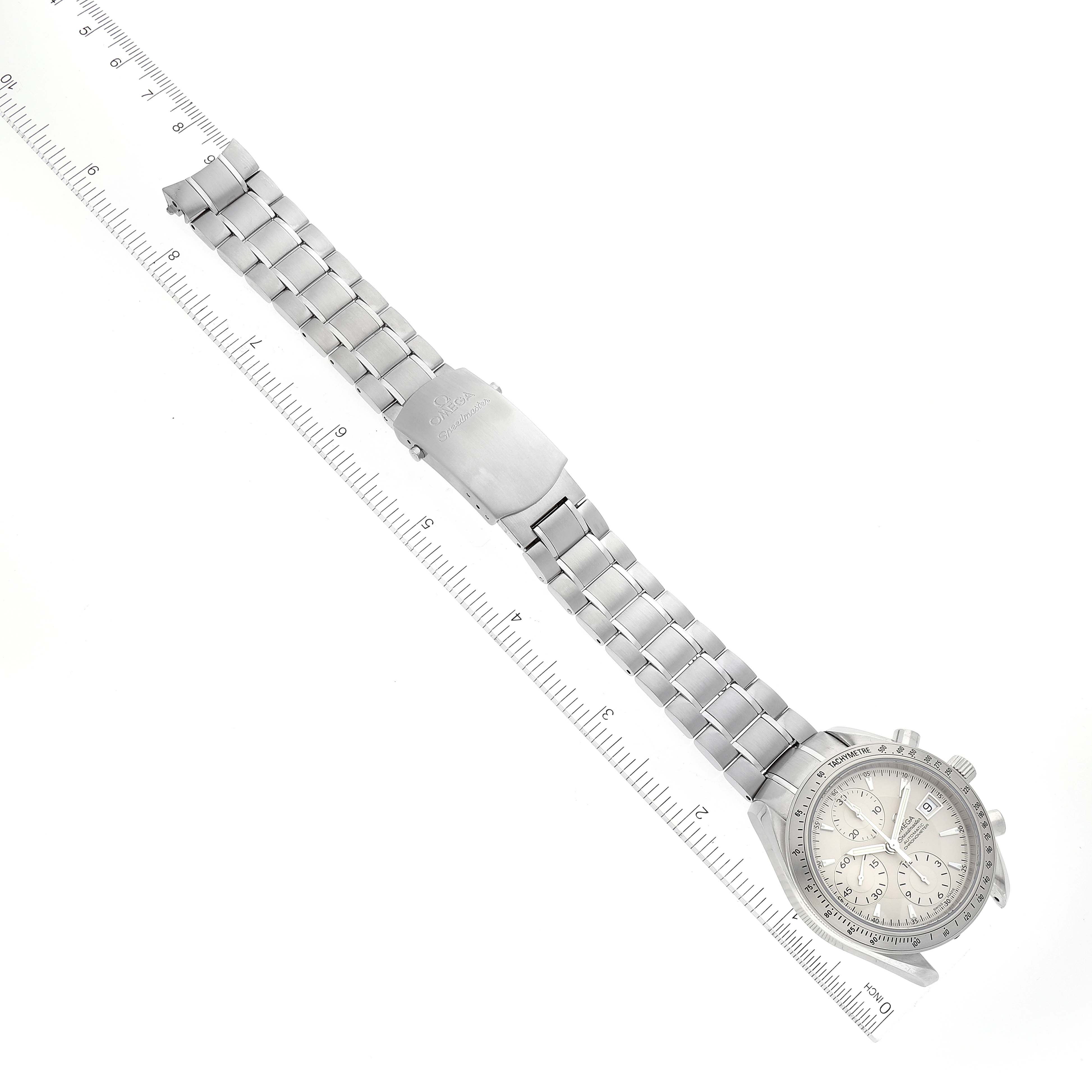 The Omega Speedmaster 3211.30.00 Men's Stainless Steel Silver Dial 3211.30.00 Men's Stainless Steel Silver Dial watch is shown from a top-down angle, with its entire bracelet and clasp fully extended.