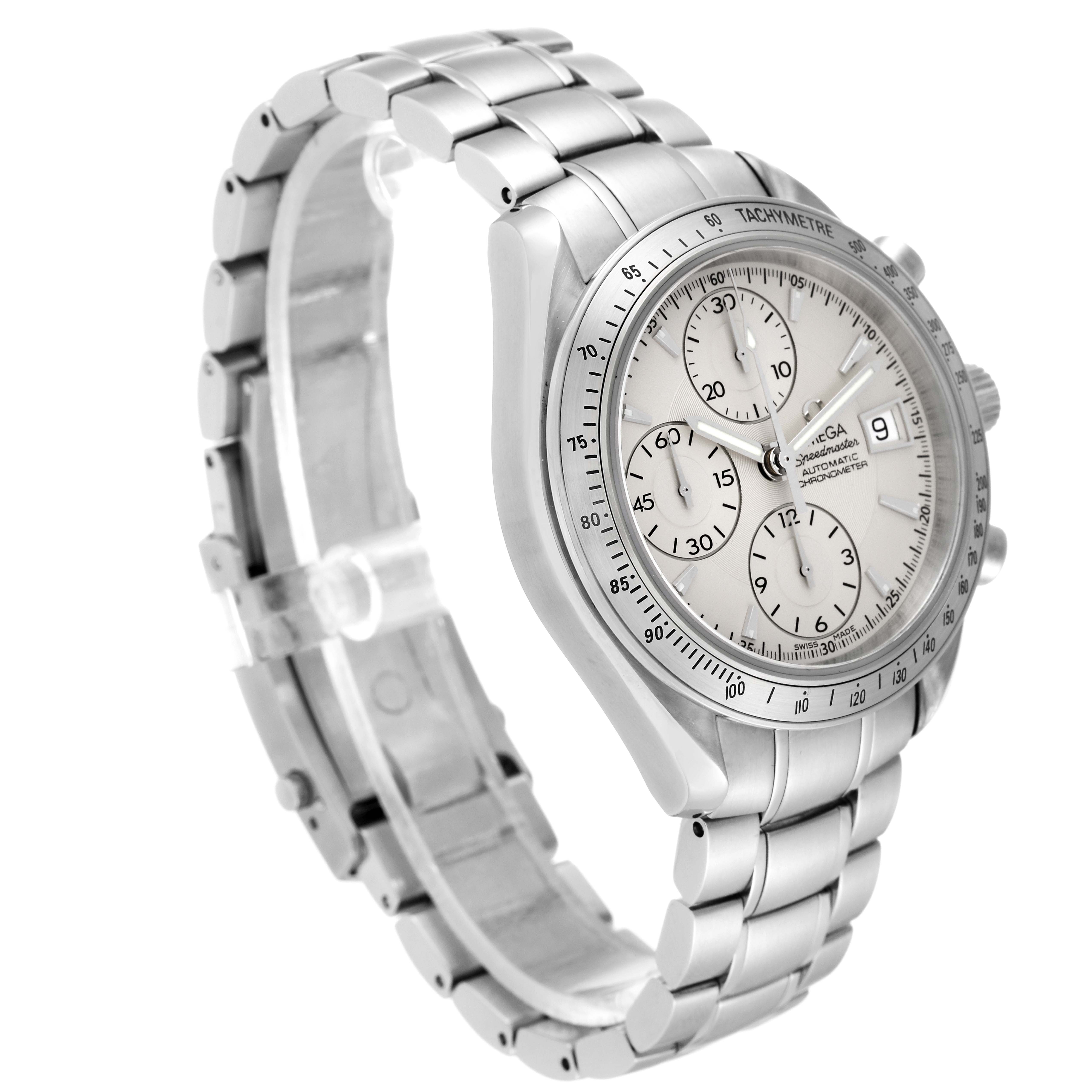 The Omega Speedmaster 3211.30.00 Men's Stainless Steel Silver Dial 3211.30.00 Men's Stainless Steel Silver Dial watch is shown at an angle displaying the face, bezel, pushers, and bracelet.