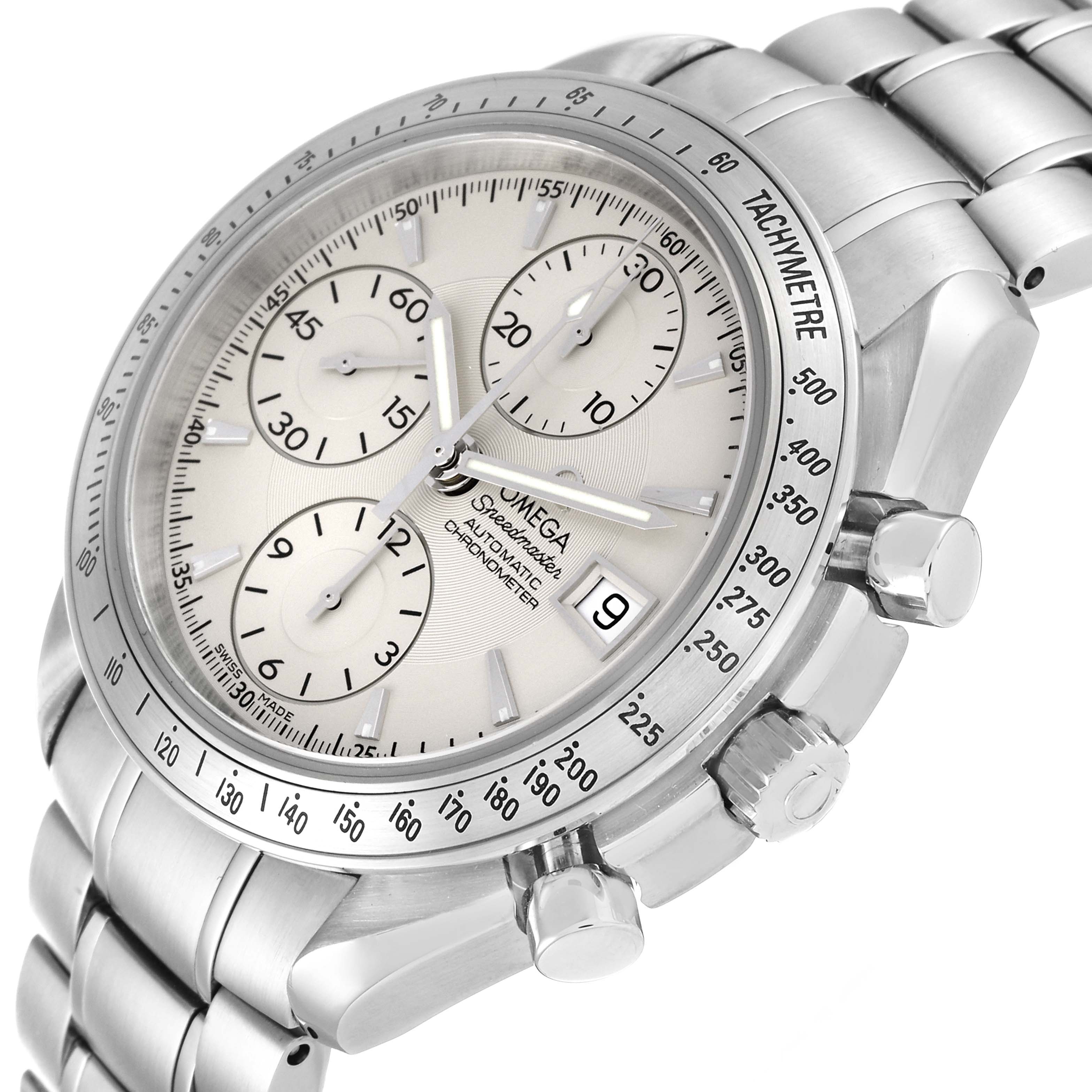 The image shows a close-up, angled view of the Omega Speedmaster 3211.30.00 Men's Stainless Steel Silver Dial 3211.30.00 Men's Stainless Steel Silver Dial watch, highlighting its dial, chronograph subdials, and tachymeter bezel.