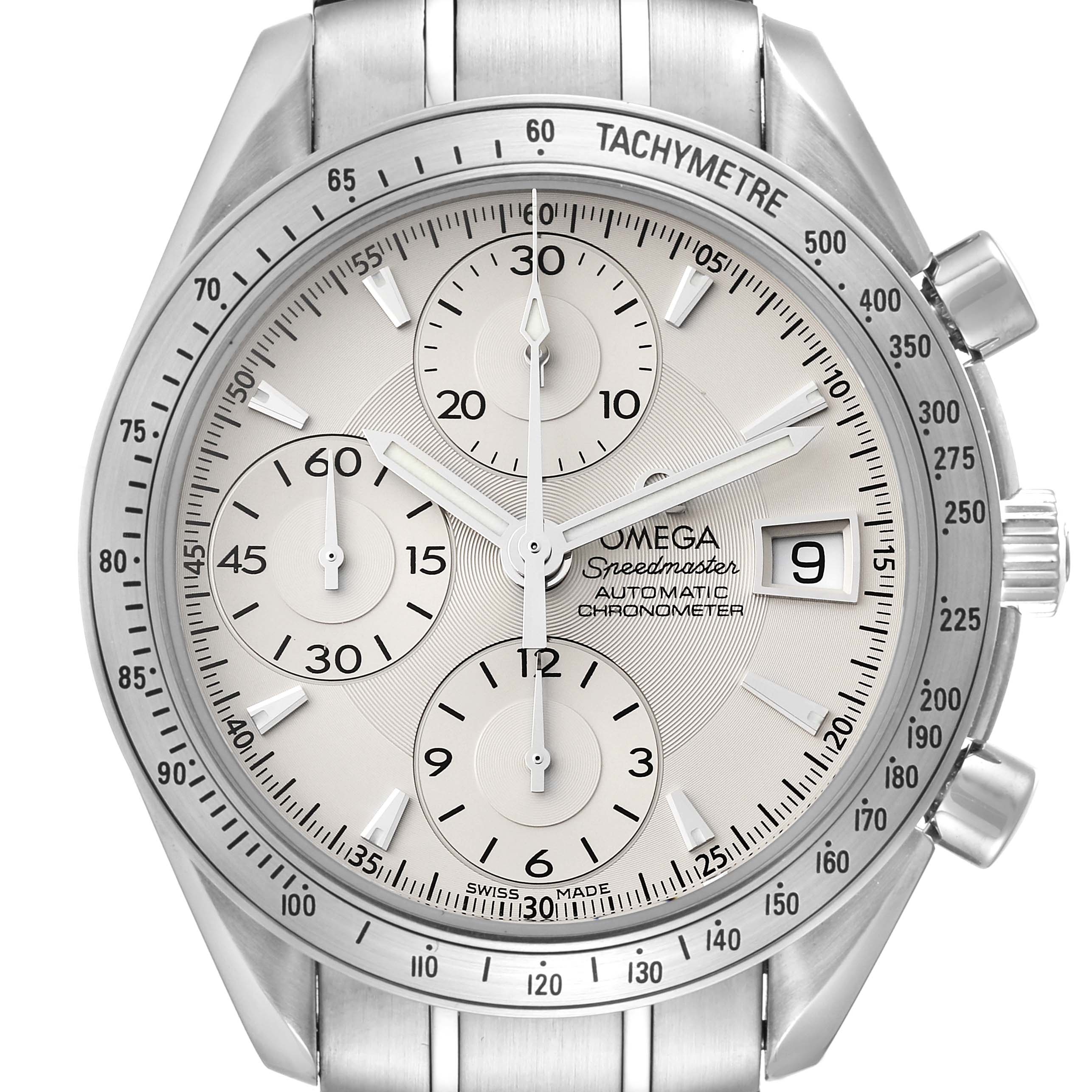 The Omega Speedmaster 3211.30.00 Men's Stainless Steel Silver Dial 3211.30.00 Men's Stainless Steel Silver Dial watch is shown from a front angle, highlighting its dial, tachymeter bezel, and chronograph subdials.
