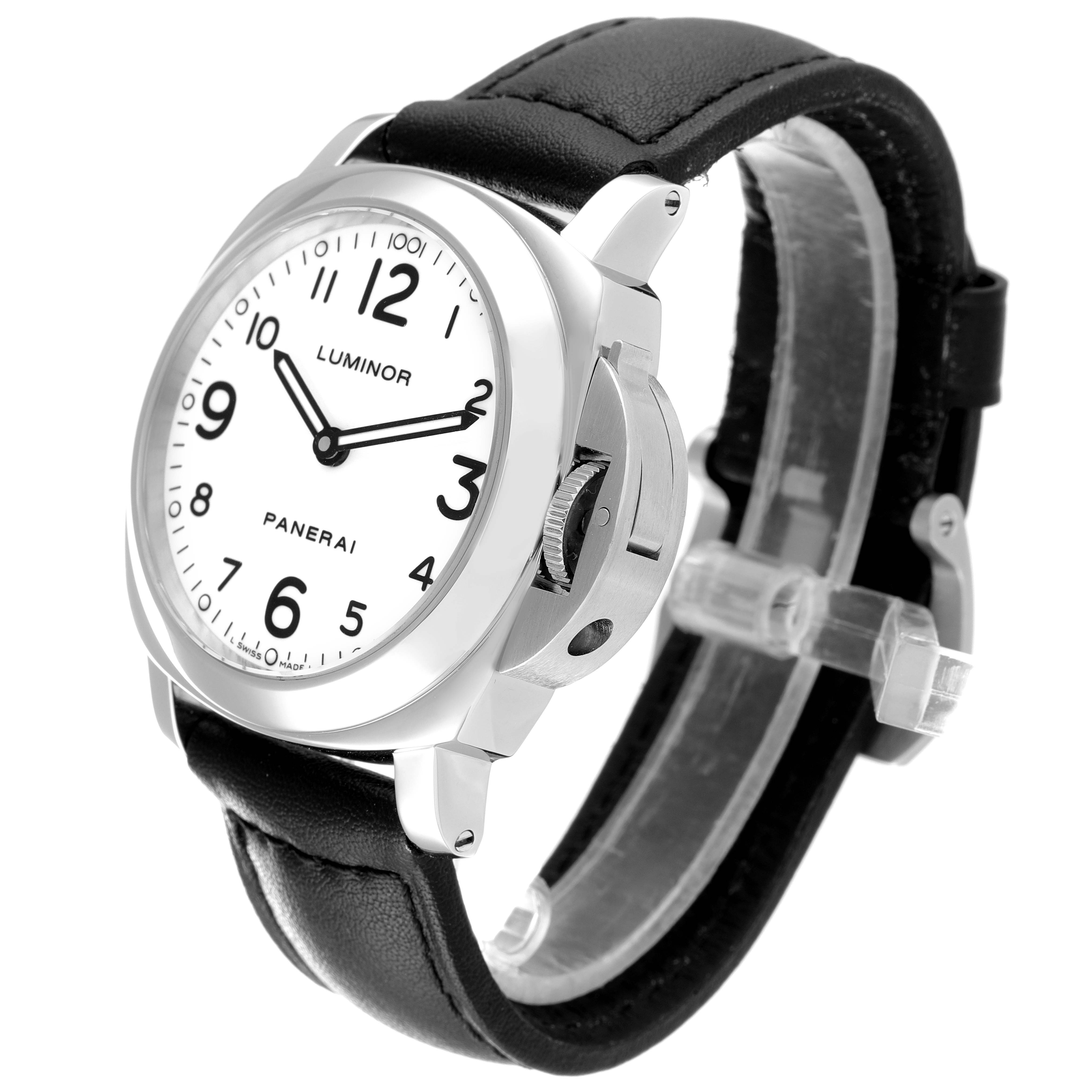 The Panerai Luminor PAM00114 Men
s Stainless Steel White Dial PAM00114 Men
s Stainless Steel White Dial watch is shown from a front angle, featuring its round white dial, black numerals, and black leather strap.