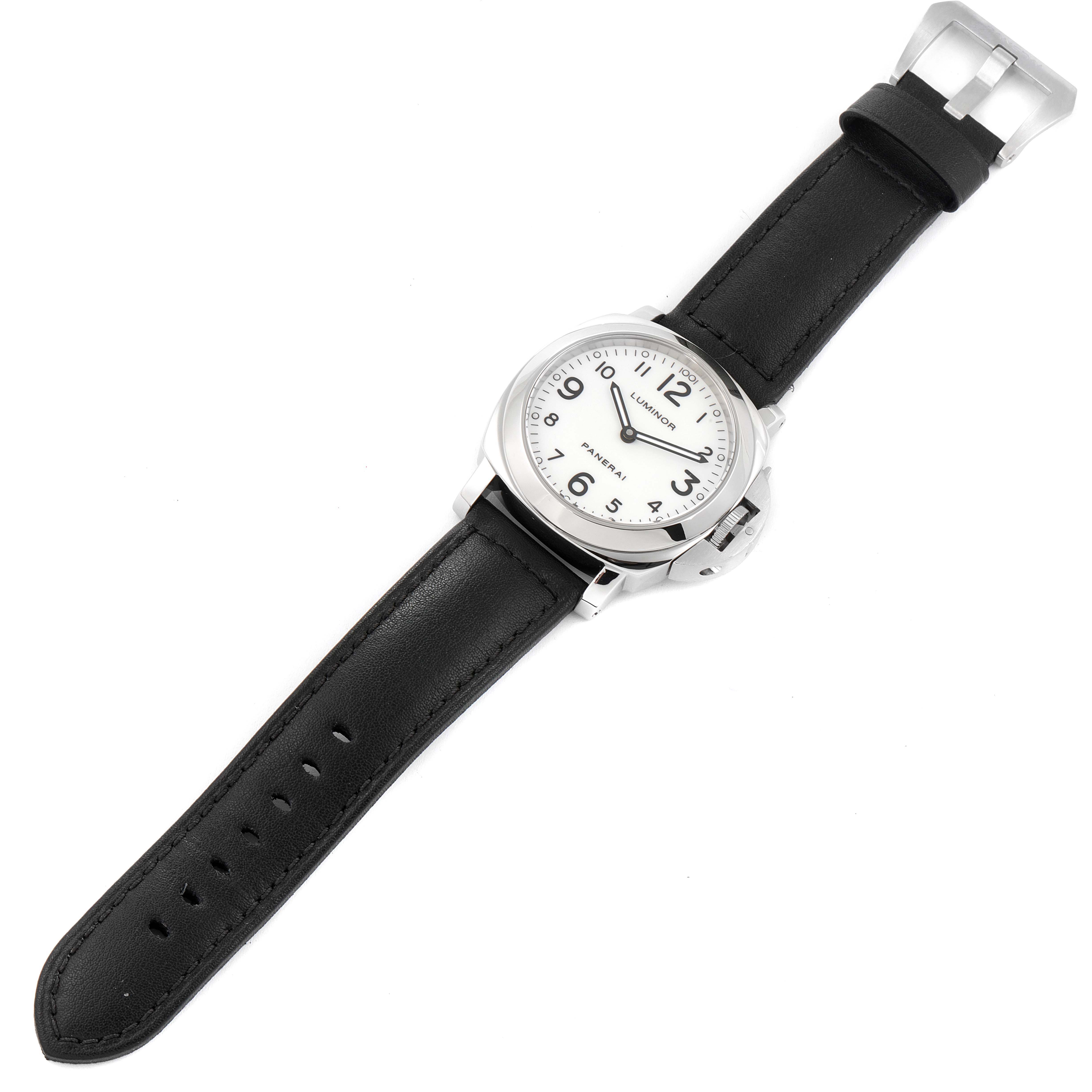This image shows a top view of a Panerai Luminor PAM00114 Men
s Stainless Steel White Dial PAM00114 Men
s Stainless Steel White Dial watch with a black leather strap, white dial, and silver case.