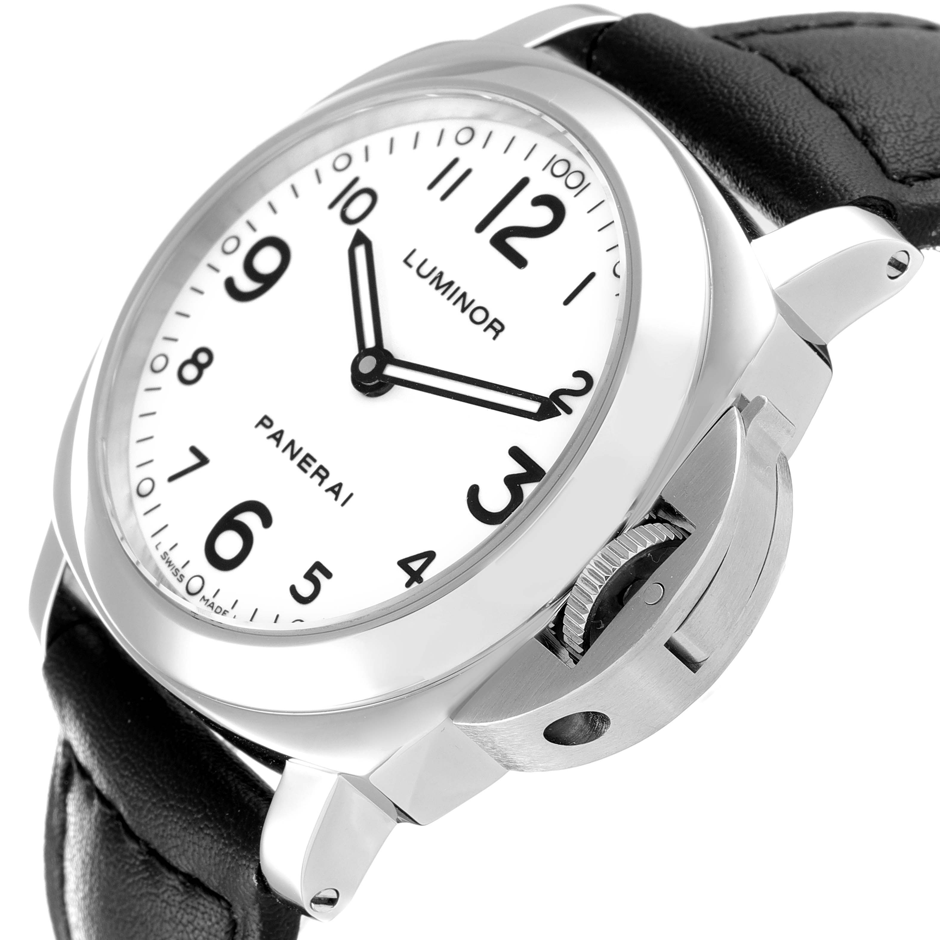The image shows a Panerai Luminor PAM00114 Men
s Stainless Steel White Dial PAM00114 Men
s Stainless Steel White Dial watch at an angle highlighting the case, dial, crown, and part of the leather strap.