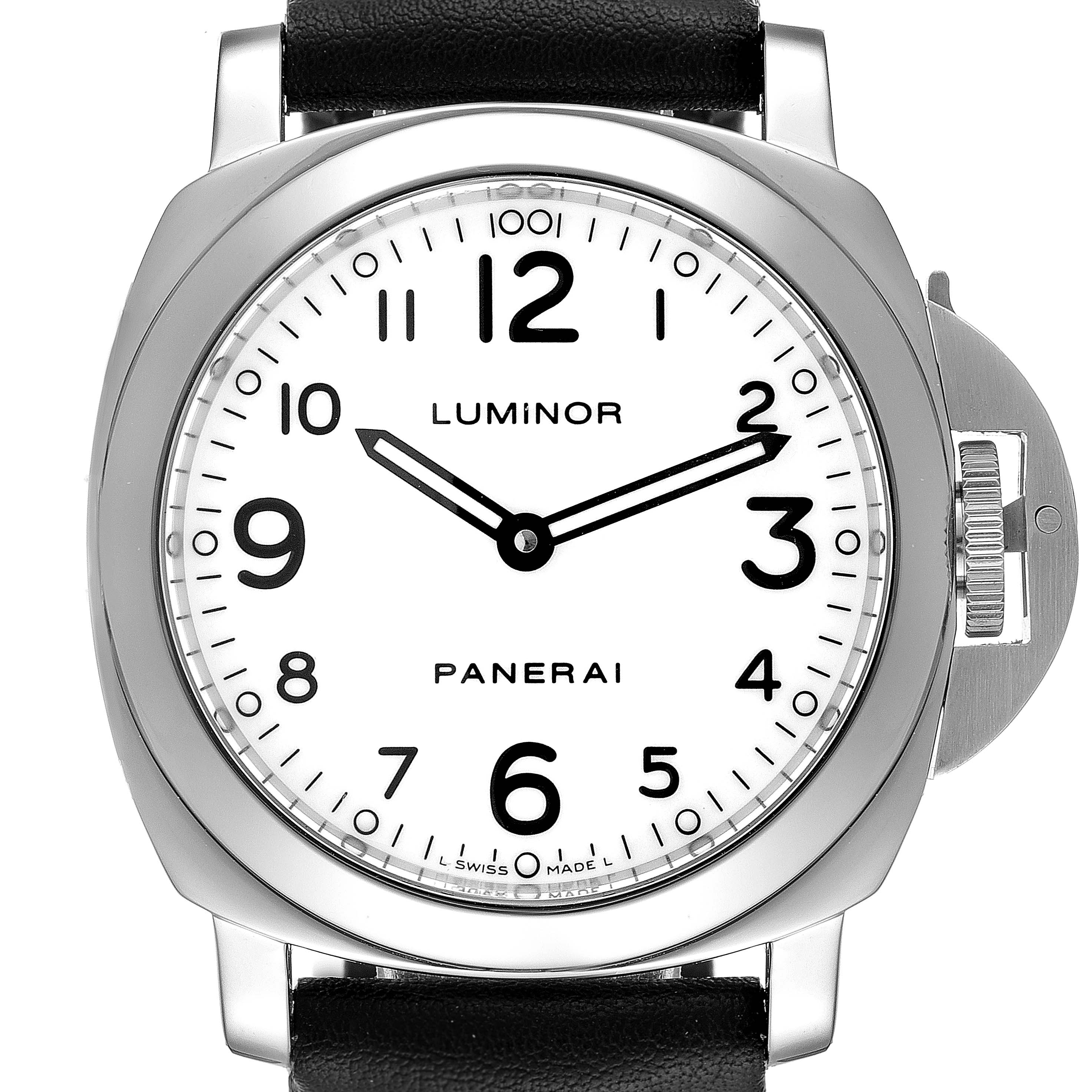 The image shows a front view of a Panerai Luminor PAM00114 Men
s Stainless Steel White Dial PAM00114 Men
s Stainless Steel White Dial watch, including the dial, case, crown guard, and part of the strap.