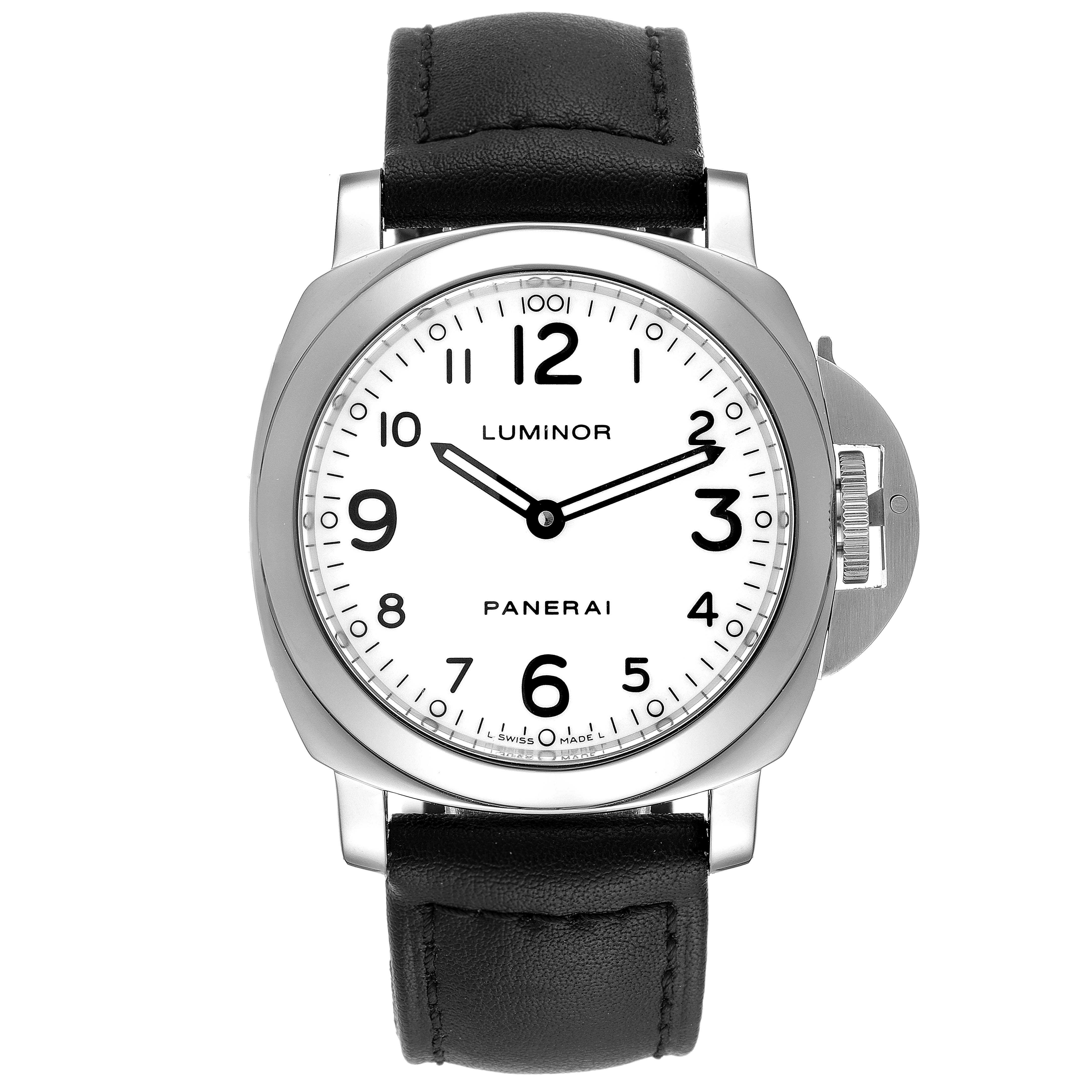 This is a front view of a Panerai Luminor PAM00114 Men
s Stainless Steel White Dial PAM00114 Men
s Stainless Steel White Dial watch showing the face, case, crown guard, and black leather strap.