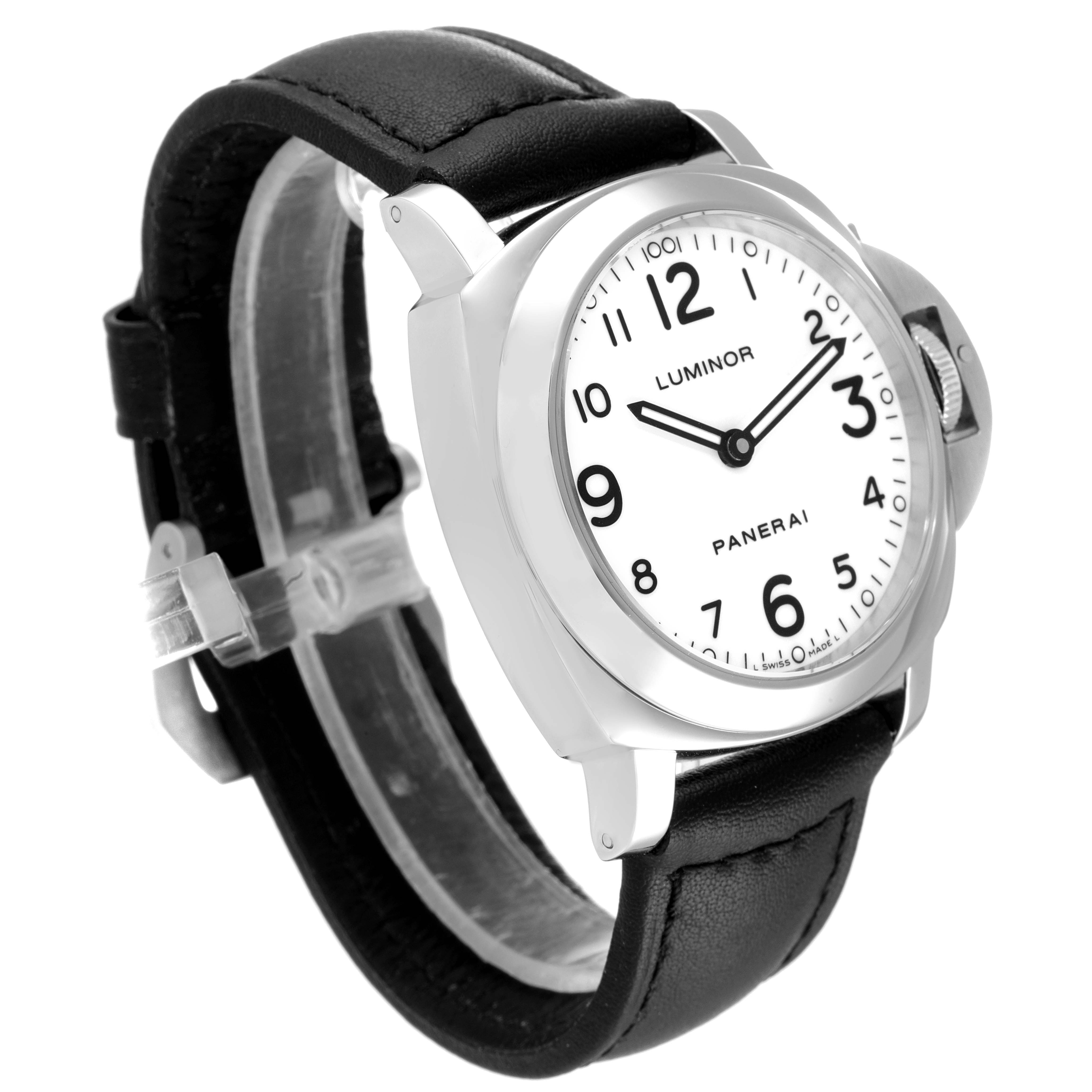 The image shows a side angle of the Panerai Luminor PAM00114 Men
s Stainless Steel White Dial PAM00114 Men
s Stainless Steel White Dial watch, highlighting its dial, case, and leather strap.