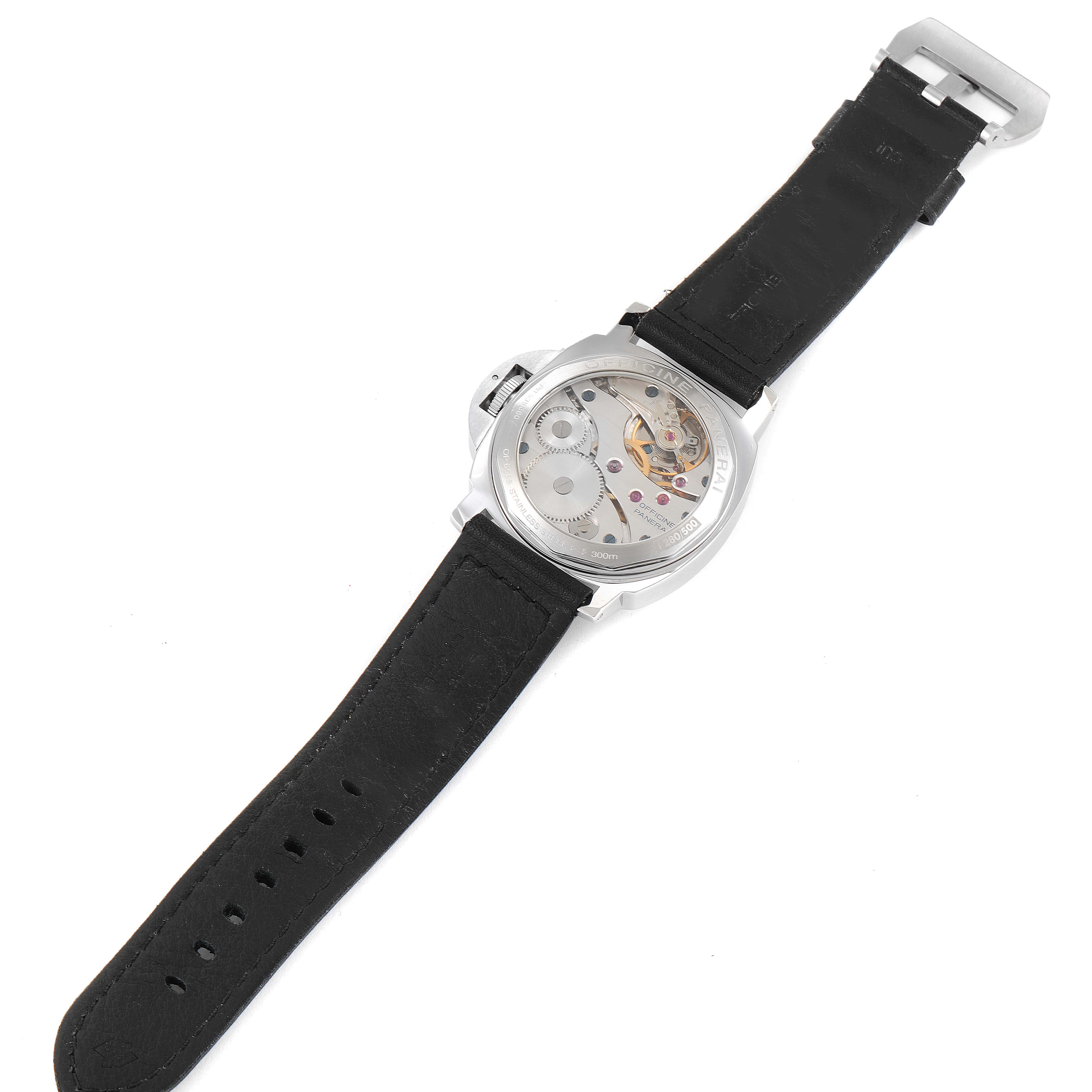 The image shows a Luminor model watch by Panerai from the back, highlighting its transparent case back and movement.