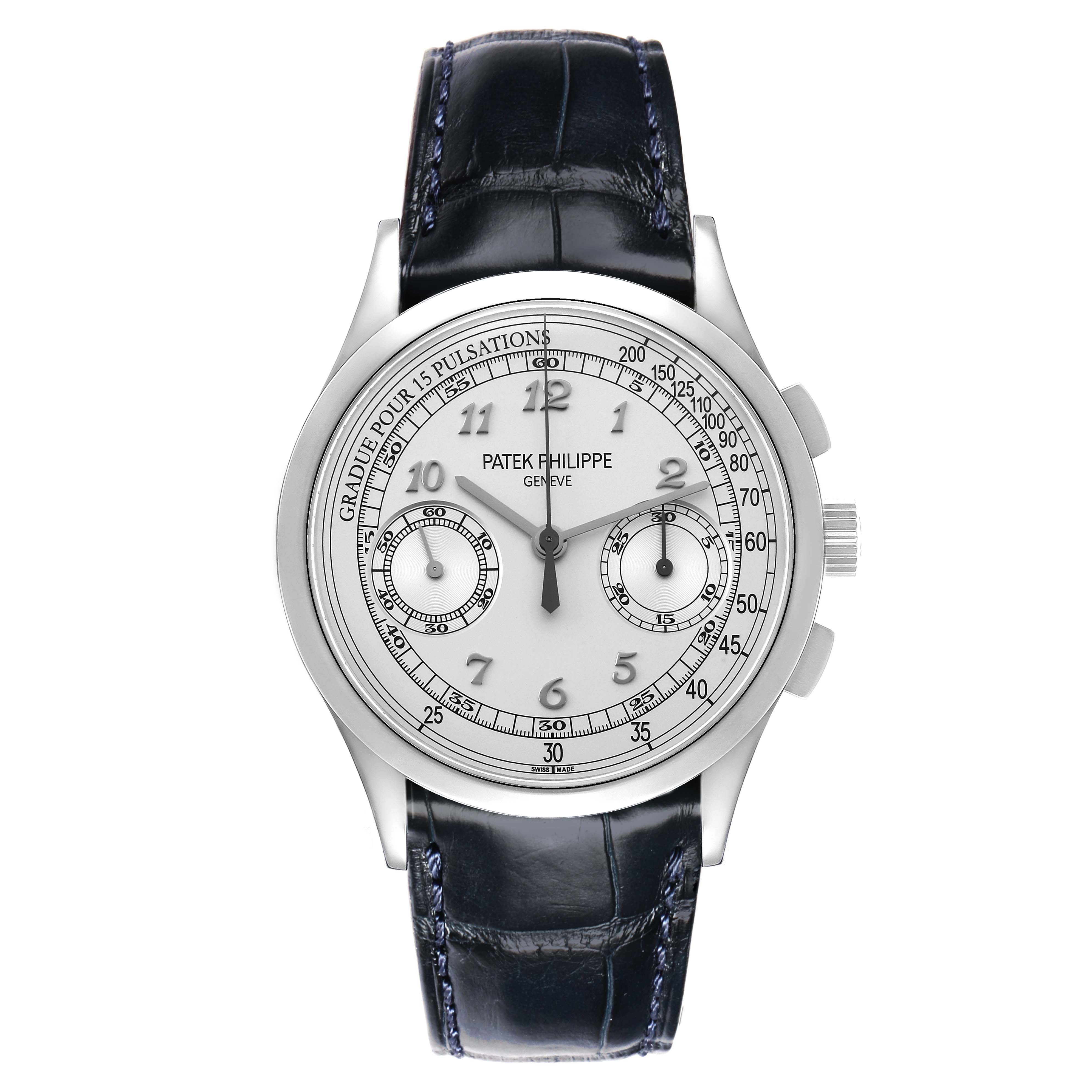 The Patek Philippe Complications 5170G-010 Men's White Gold Silver Dial watch is shown from a front angle, displaying the dial, subdials, and strap.