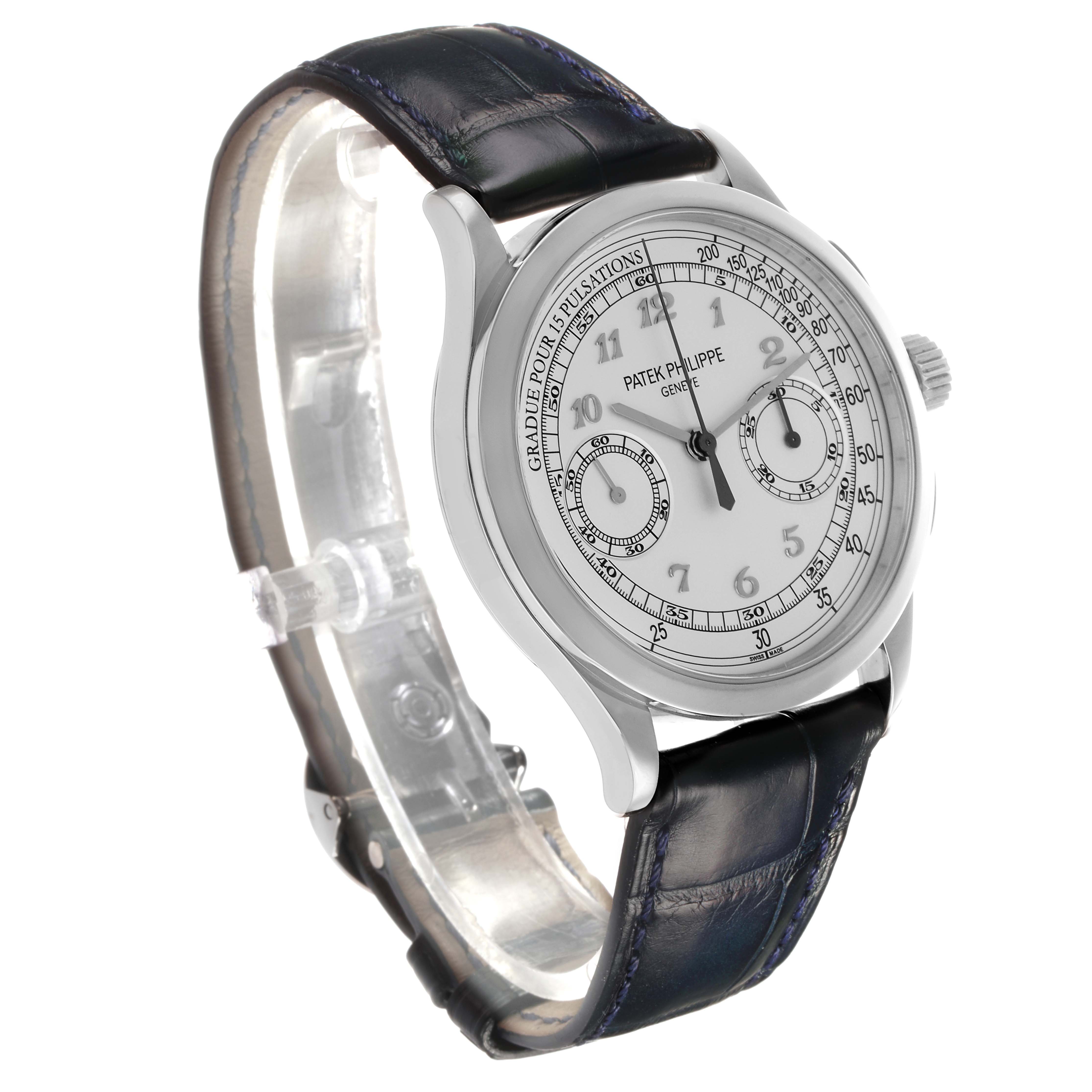 The Patek Philippe Complications 5170G-010 Men's White Gold Silver Dial watch is shown at a slight angle, displaying its face, case, and a leather strap.