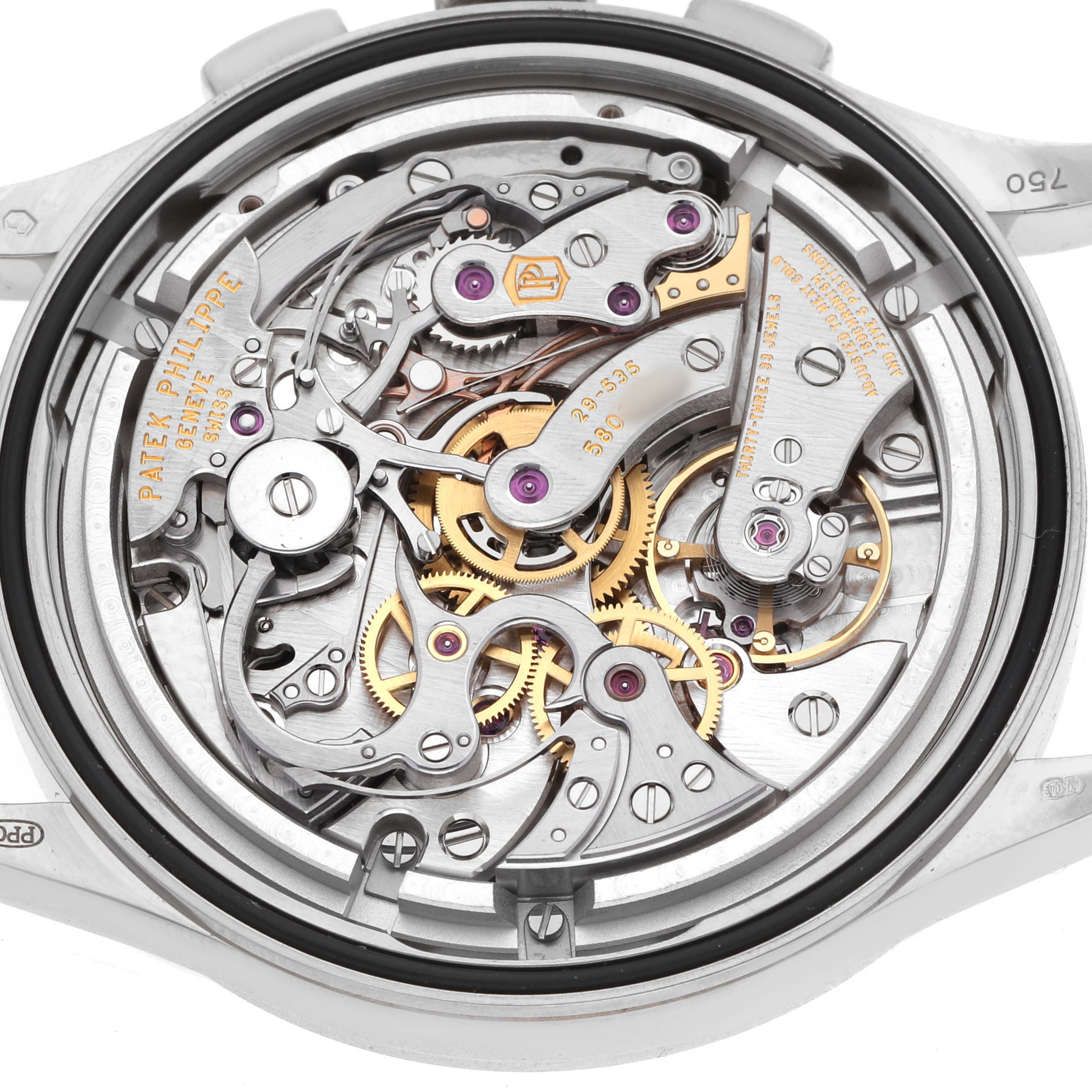 The image shows the intricate back mechanism of a Patek Philippe Complications 5170G-010 Men's White Gold Silver Dial watch.