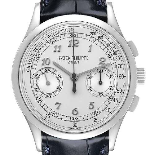 The Patek Philippe Complications 5170G-010 Men's White Gold Silver Dial watch is shown from a front angle, featuring the dial, hands, and tachymetric scale.